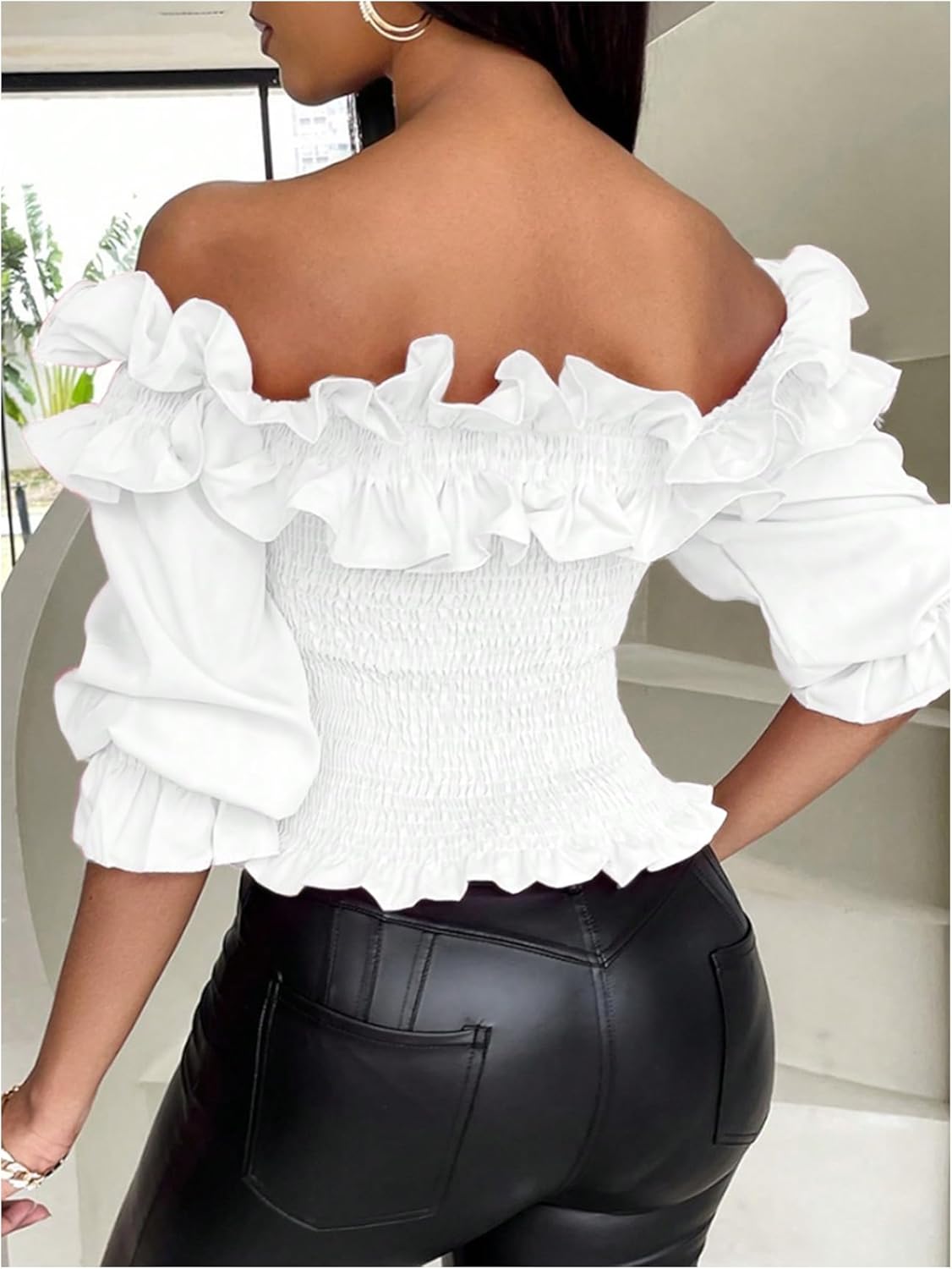 Floerns Women's Ruffle Trim Off Shoulder Flounce Sleeve Shirred Blouse Top - Image 2