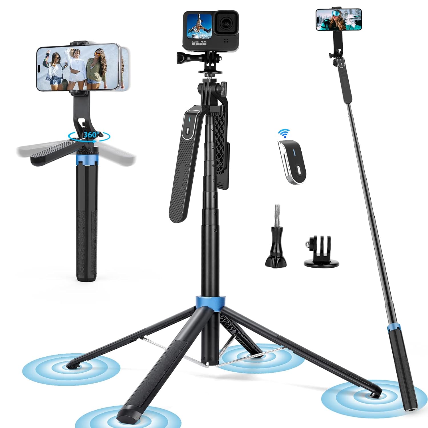 Eocean 71 Tall Selfie Stick Tripod Quadripod with Remote with 360 Ballhead Aluminum Alloy Extendable Cell Phone Tripod