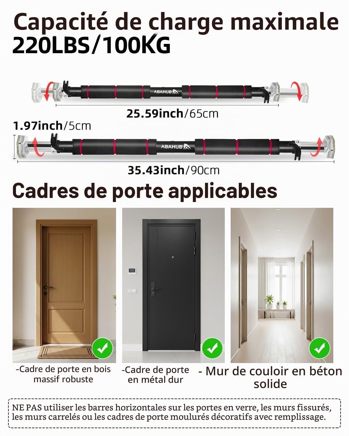 Barre de Traction Porte Réglable 65-100cm sans Vis - Poignées Mousse & Verrouillage Sécurisé pour Entraînement Intensif - Pull Up Bar 100kg pour Dominadas/Musculation à Domicile - Noir/Rouge