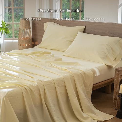 Miniatura 2 de MooMee Juego de sábanas 100% algodón lavado con textura parecida al lino transpirable duradero suave cómodo (jaspeado amarillo mantequilla, Queen)