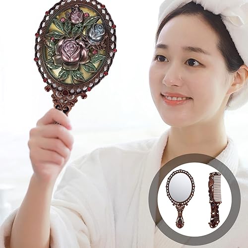 Miniatura 7 de Beaupretty Espejo de ducha de mano, juego de peine único, espejo de mano vintage, plegable, antiguo, juego de peine de maquillaje con peine para