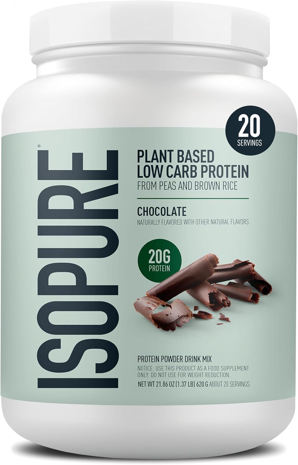 Isopure Plant-Based Protein Powder, Lactose Free, Gluten Free, With Iron, Chocolate, 20g Plant Protein Per Serving, 1.37 Lbs, 20 Servings (Packaging May Vary) - Chocolate flavor protein powder by Isopure