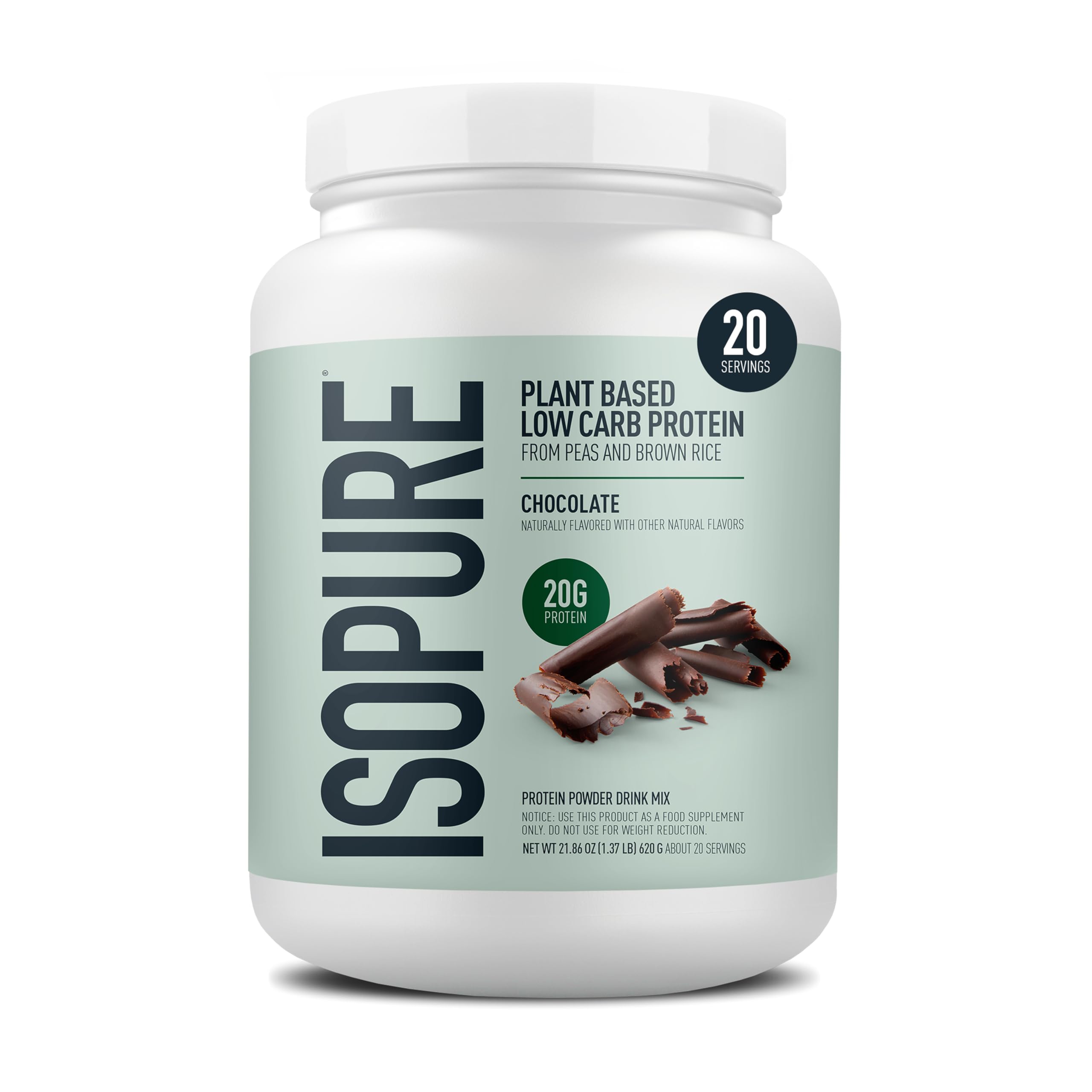 IsopureChocolate Vegan Protein Powder , with Monk Fruit Sweetener & Amino Acids, Post Workout Recovery, Sugar Free, Plant Based, Organic Pea Protein, Dairy Free, 22 Servings (Packaging May Vary)