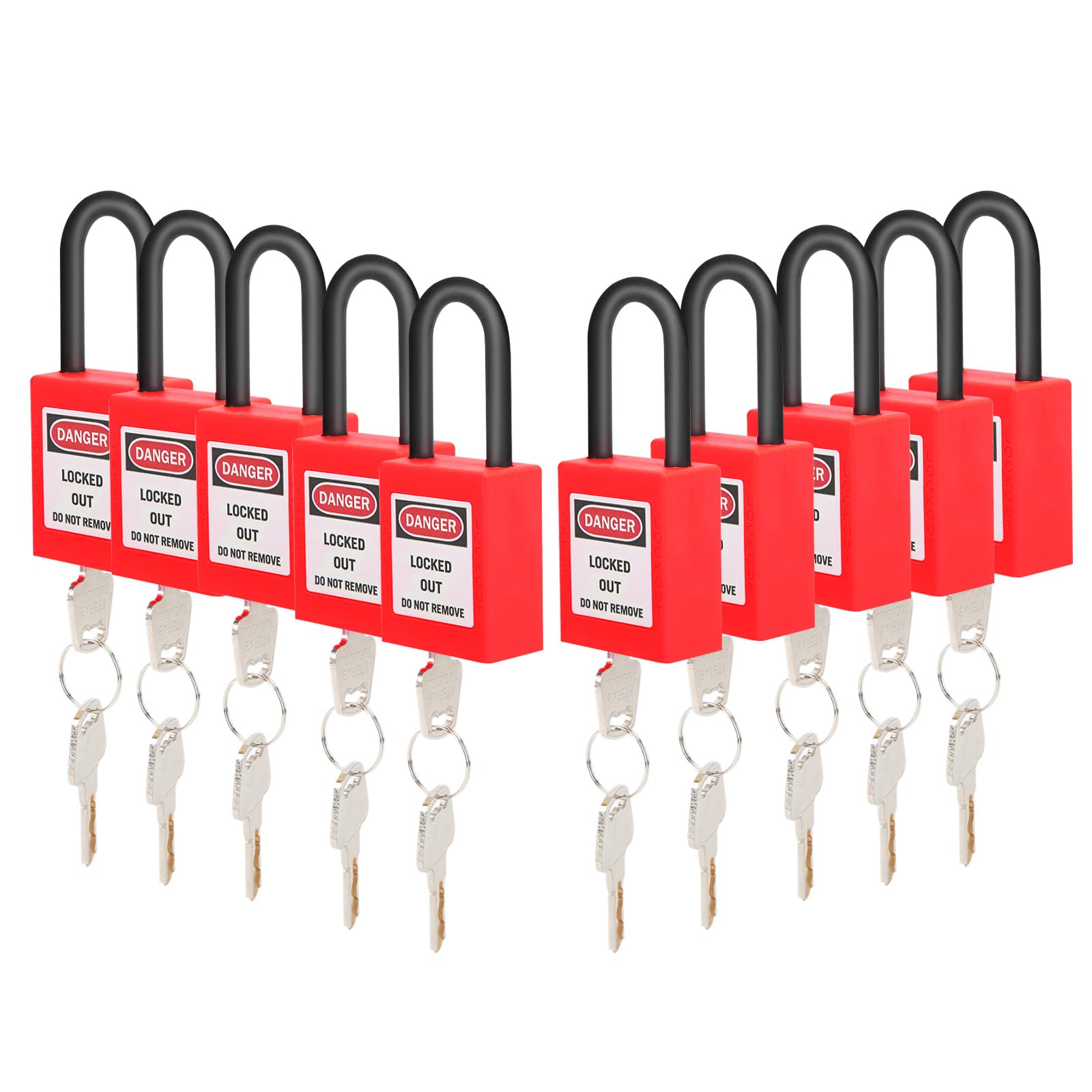 10 candados de cadena para Lockout Tagout de 38mm, Candado de seguridad Loto de nailon rojo con 2 llaves cada uno, Etiqueta escribible y impresión de advertencia para aplicaciones industriales