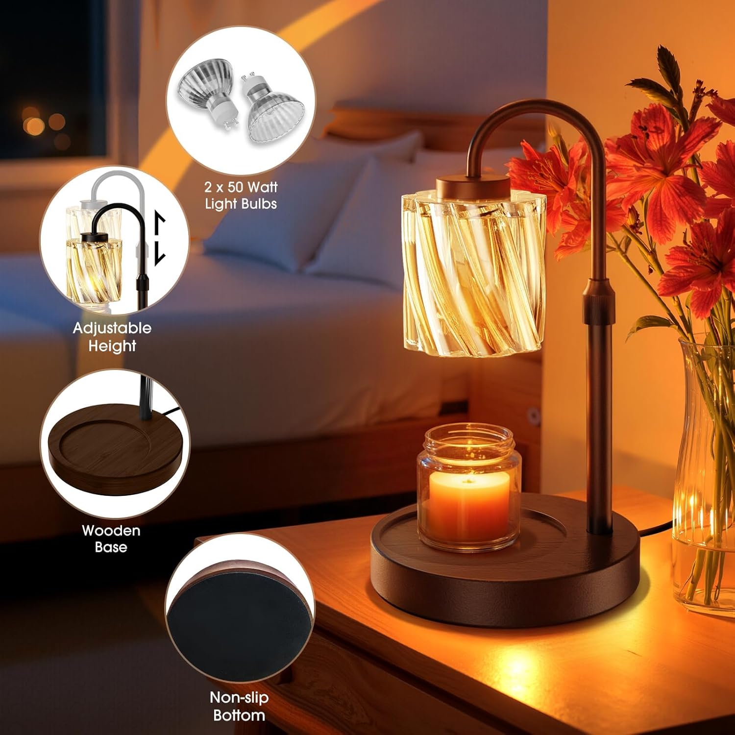 WarmEmbrace Candle Warmer Lamp with Timer Dimmer, Adjustable Height and Non-Slip Base Pad, 2 Bulbs Included, Gifts for Birthday, Women’s Day, Home Decor for Bedroom, Living Room, Office (Black)