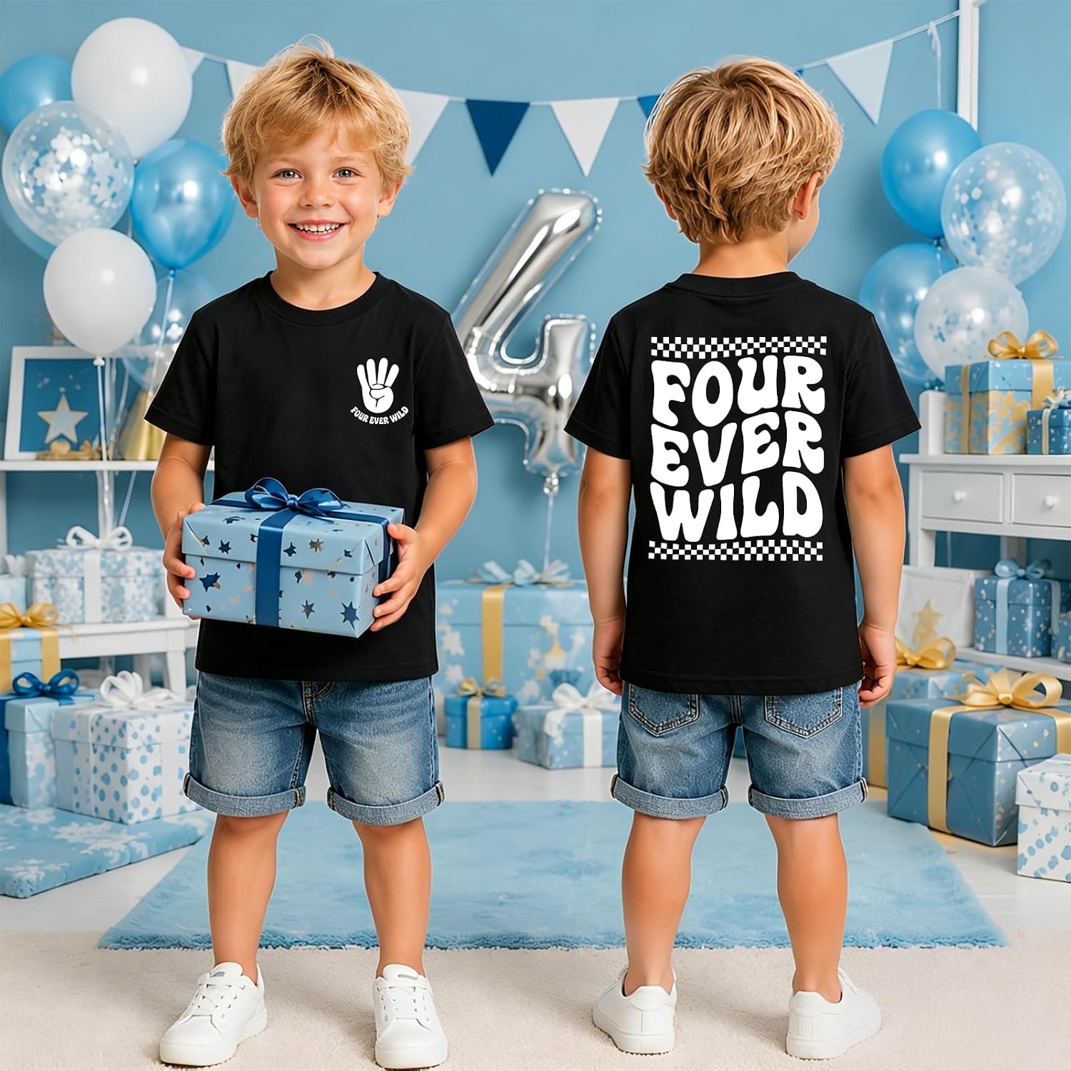 4th Birthday Shirt Boy Four Ever Wild T-Shirt 4 Year Old Toddler Boys Birthday Party Outfit B-Day Tee image 2