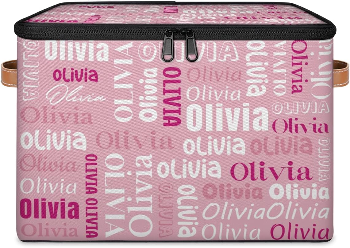 Custom Storage Basket with Lid Zipper, Personalized Memory Keepsake Box with Name, Foldable Fabric Storage Boxes for Closet Shelf, Pink