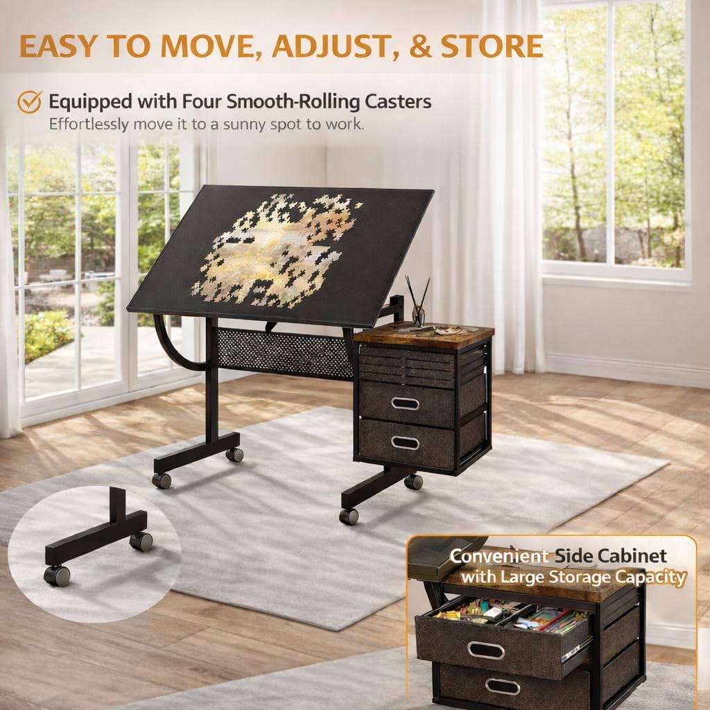Adjustable Drafting Table with Wheels, Tilting Drawing Desk with 4 Trays & 2 Drawers, Art Craft Workstation for Studio, Home Office & Painting (Color A)