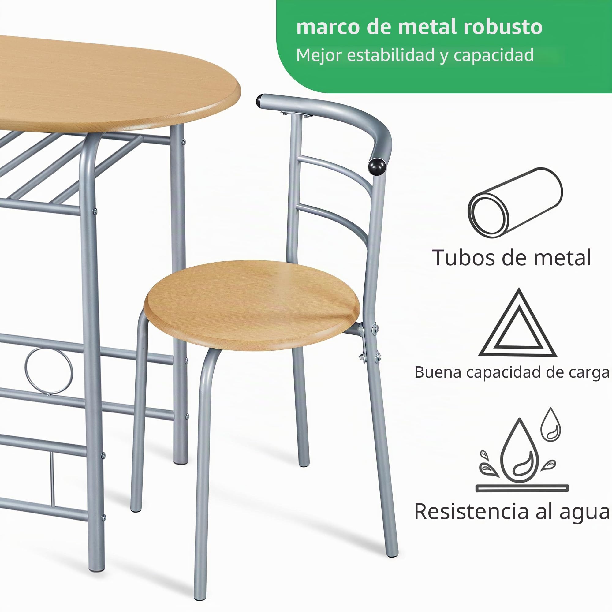 Yaheetech Grupo de Comedor de 3 Piezas, Mesa de Comedor con 2 sillas, Grupo de Asientos para Cocina, Mesa de Madera para balcón, salón, terraza y Bar, Ahorra Espacio, compacta (Color Madera Natural). | Mesa de cocina con estante, estructura de acero para