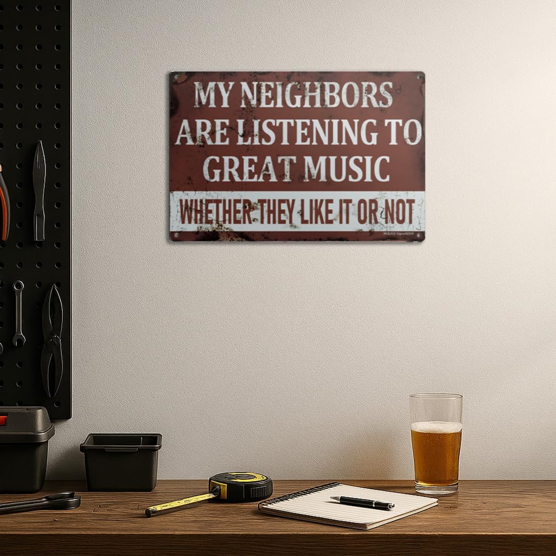 'My Neighbors Are Listening to Great Music' Funny Man Cave Decor for Men | 12x8″ Durable Vintage Metal Man Cave Signs Wall Decorations for Basement/Garage/Mancave/Music Room, 2359 - Image 2