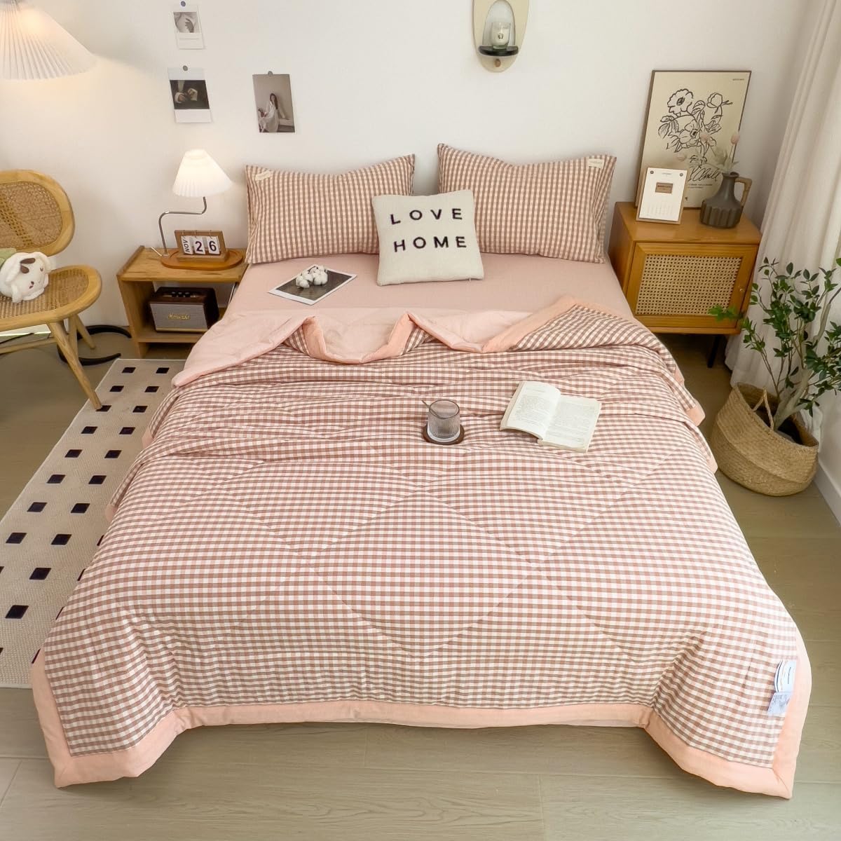 VUIKLCty Checked Duvet – Suitable For Single, Double And King-size Beds. Reversible (duvet Only)(Pink,150x200cm)