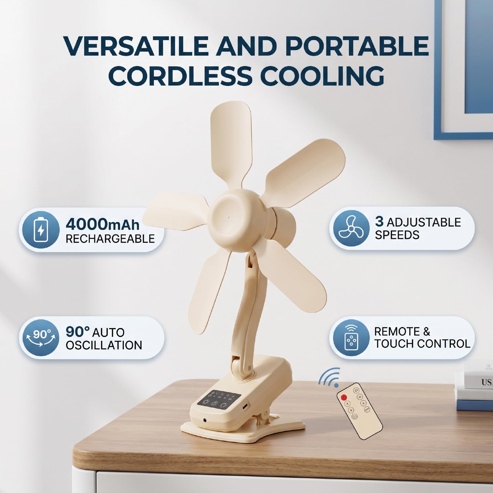 Ventilatore a Clip, Ventilatore da Scrivania Silenzioso Ricaricabile tramite USB con Telecomando e Timer, Oscillazione Automatica a 90°, per Uffici, Camere da Letto