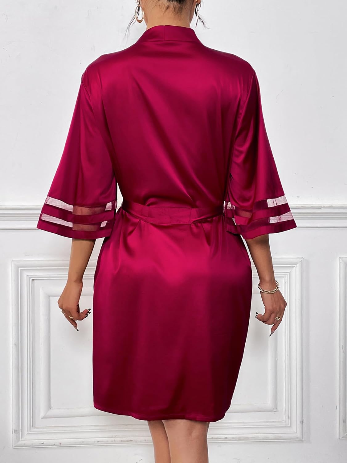 Ekouaer Women's Satin Robe Silk Kimono Bathrobe Bridesmaid Wedding Bridal Party Robes 3/4 Bell Sleeve Sleepwear S-XXL - Image 5