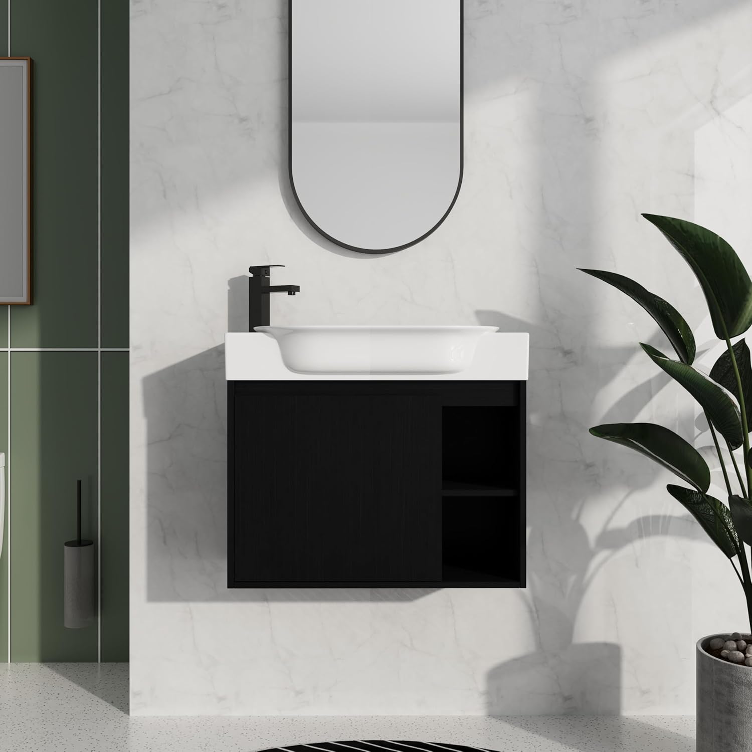 28 Inch Bathroom Vanity with Sink, Floating Bathroom Sink Cabinet, 28 Inch Small Vanity, Ample Storage Space, Easy to Clean Surface, One Door & Two Open Storage compartments, Black