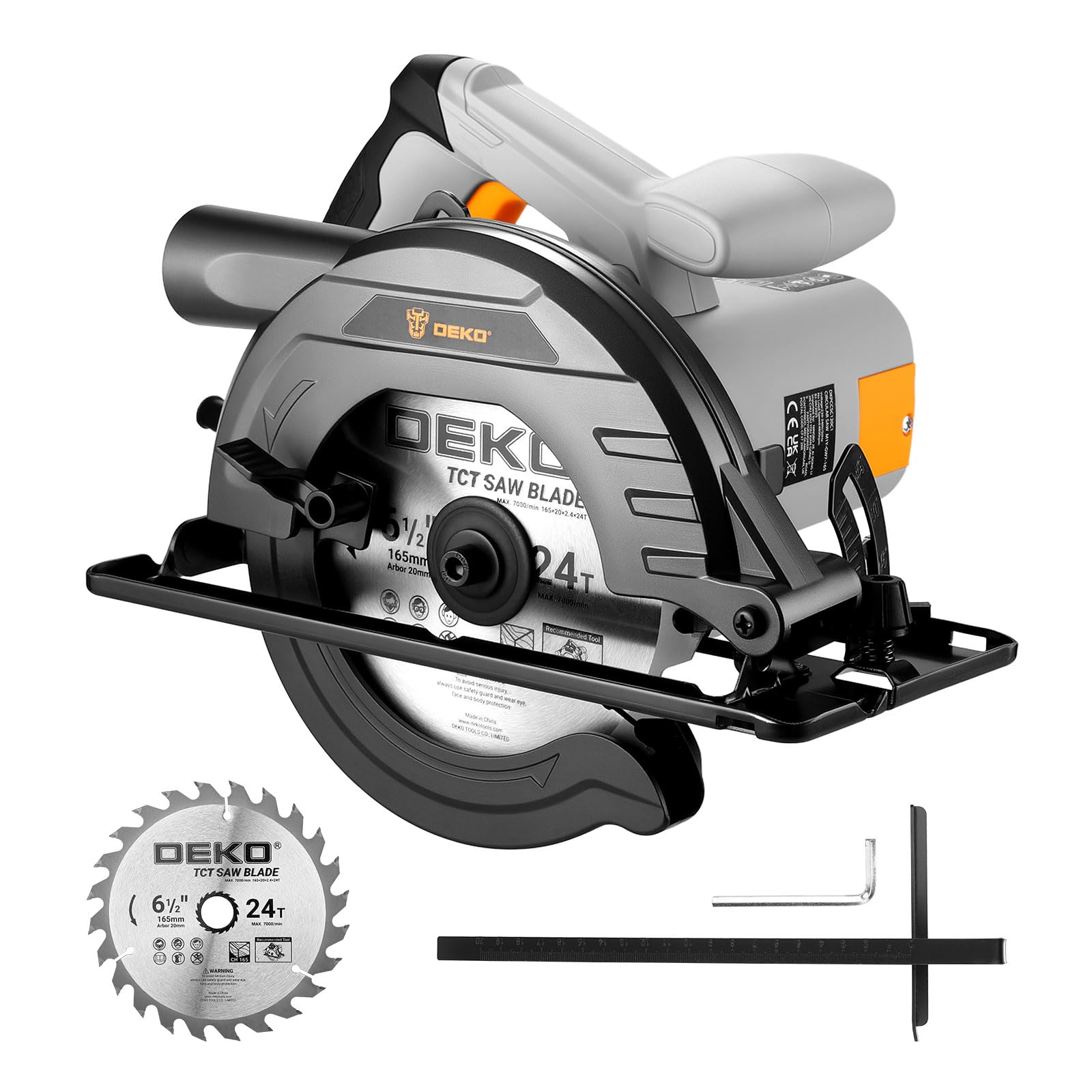 Sierra Circular 1200W: DEKOPRO Sierra Circular con Guia, 4800 RPM, Hoja de sierra Ø165mm(24T)，Profundidad máxima de corte 55mm (90°), 33mm (45°), Incluye guía, Apta para Cortar Madera