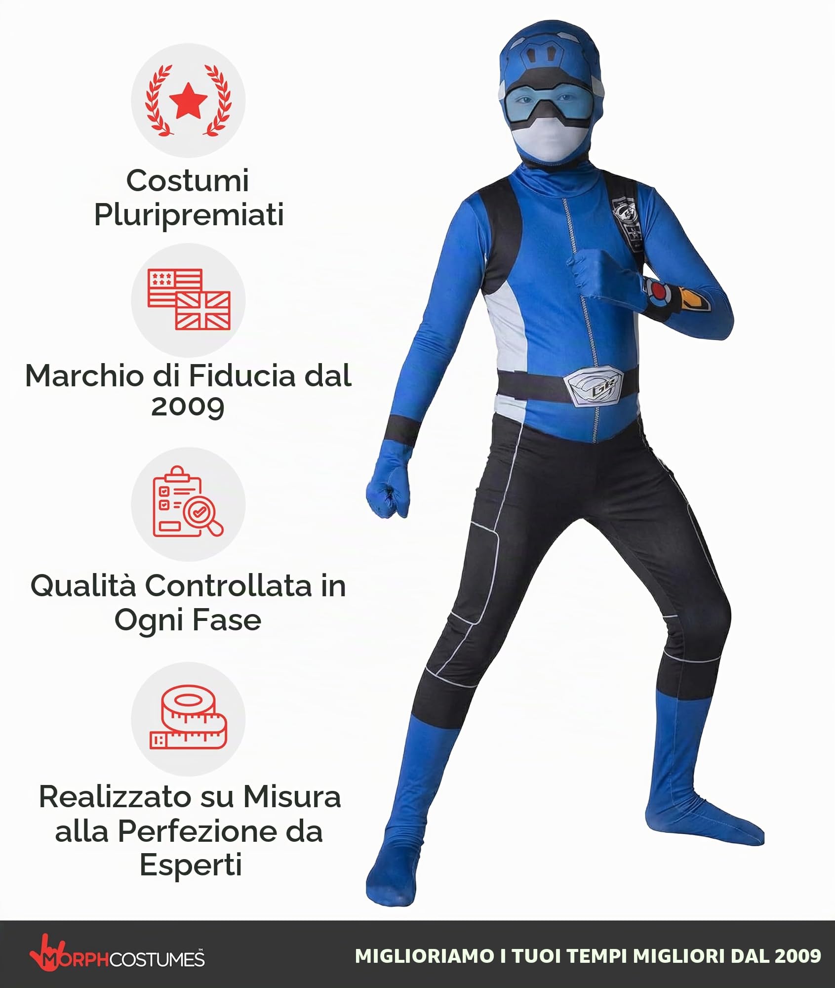 Morphsuits Costume Power Ranger Blu Bambino, Tuta Halloween Bambino | Tuta Integrale con Cappuccio e Visiera, Design Ranger Blu, Chiusura con Zip, Perfetto per Halloween, Ideale per il Cosplay