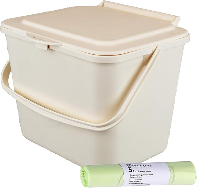 All-Green 5L Cream Kitchen Compost Caddy/Food Bin & 50x 5L Tie Handle Compostable Bags
