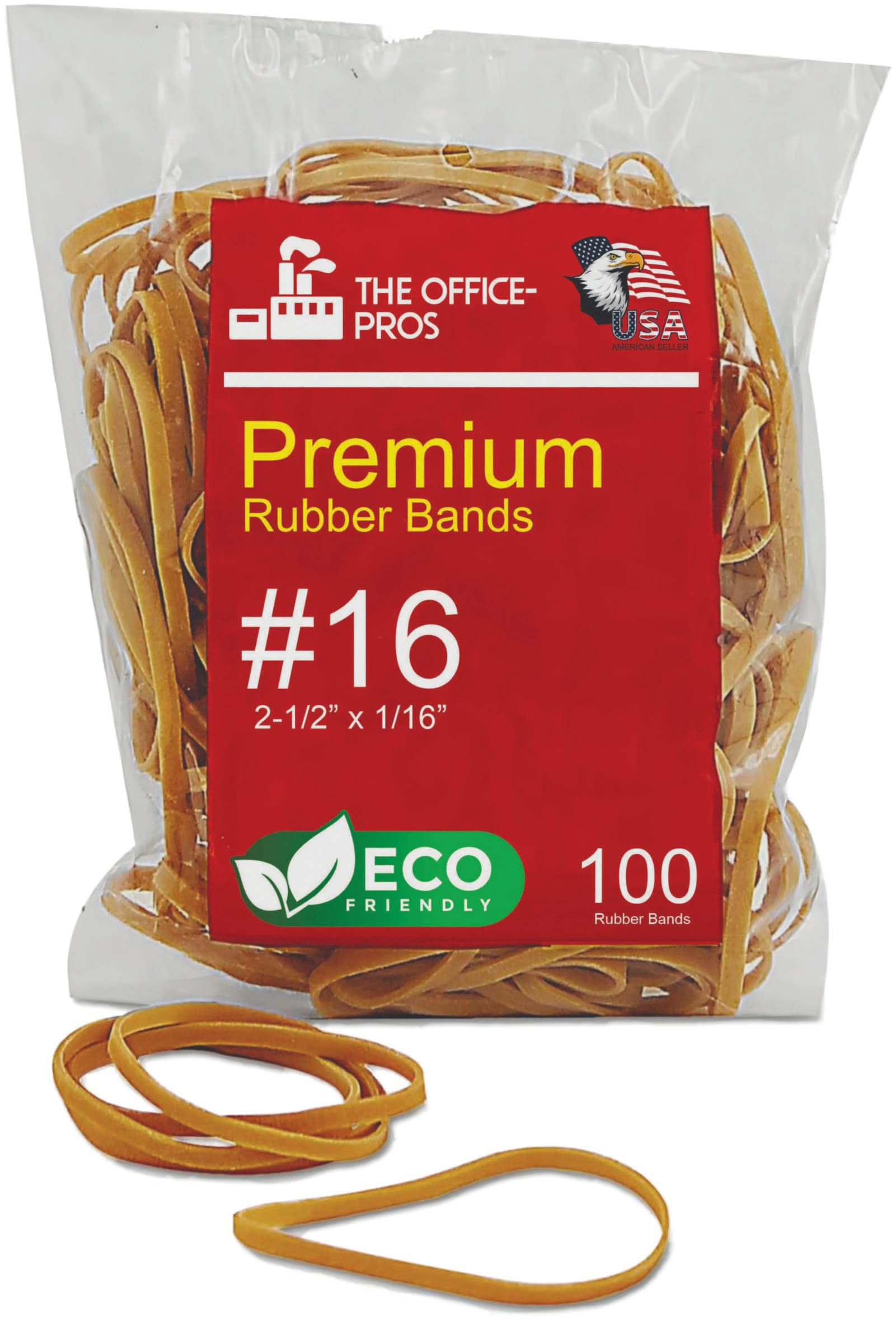 Rubber Bands, Size #16, Eco Friendly Packaging, Natural Crepe, Made in USA, Rubber Band Measurements: 2-1/2" x 1/16'' - 100 Rubber Bands
