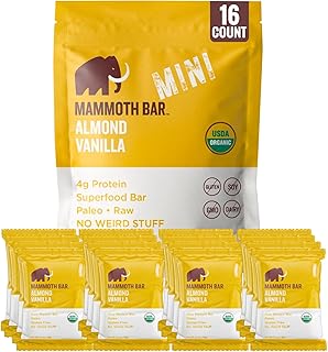Mammoth Bar Almond Vanilla Mini Bar - Mini Organic Snack Bar Packed with 4g Protein. Made with Premium Almond, Dates & Egg White Protein. Paleo • Gluten Free • Raw - 16 Mini Bars