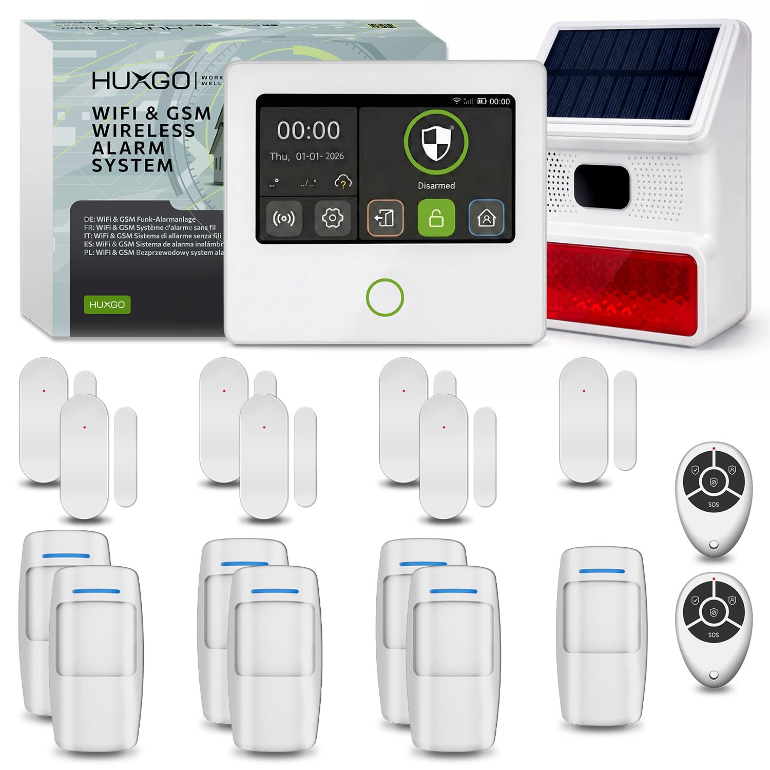 HXA502 Kit Alarma hogar inalámbrica WiFi + gsm 4G con Sirena Solar | Sistema de Seguridad para casa con 7X sensores PIR y 7X sensores Puerta/Ventana | Compatible Tuya, menú en Español