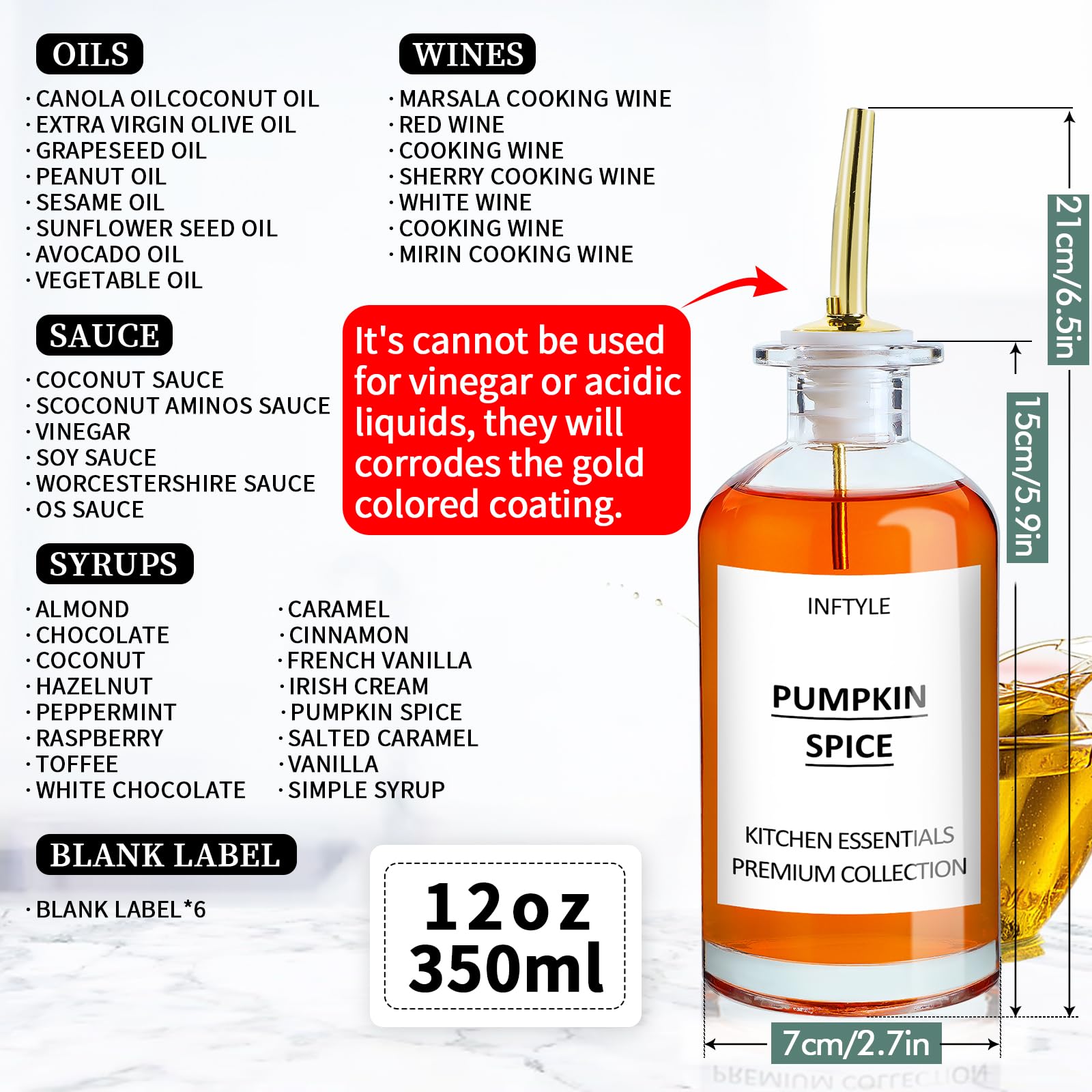 Juego de 6 botellas dispensadoras de aceite de oliva de 12 onzas, dispensador de botellas de aceite de cocina de vidrio para cocina, recipiente de enjuague bucal, con boquilla de vertido de