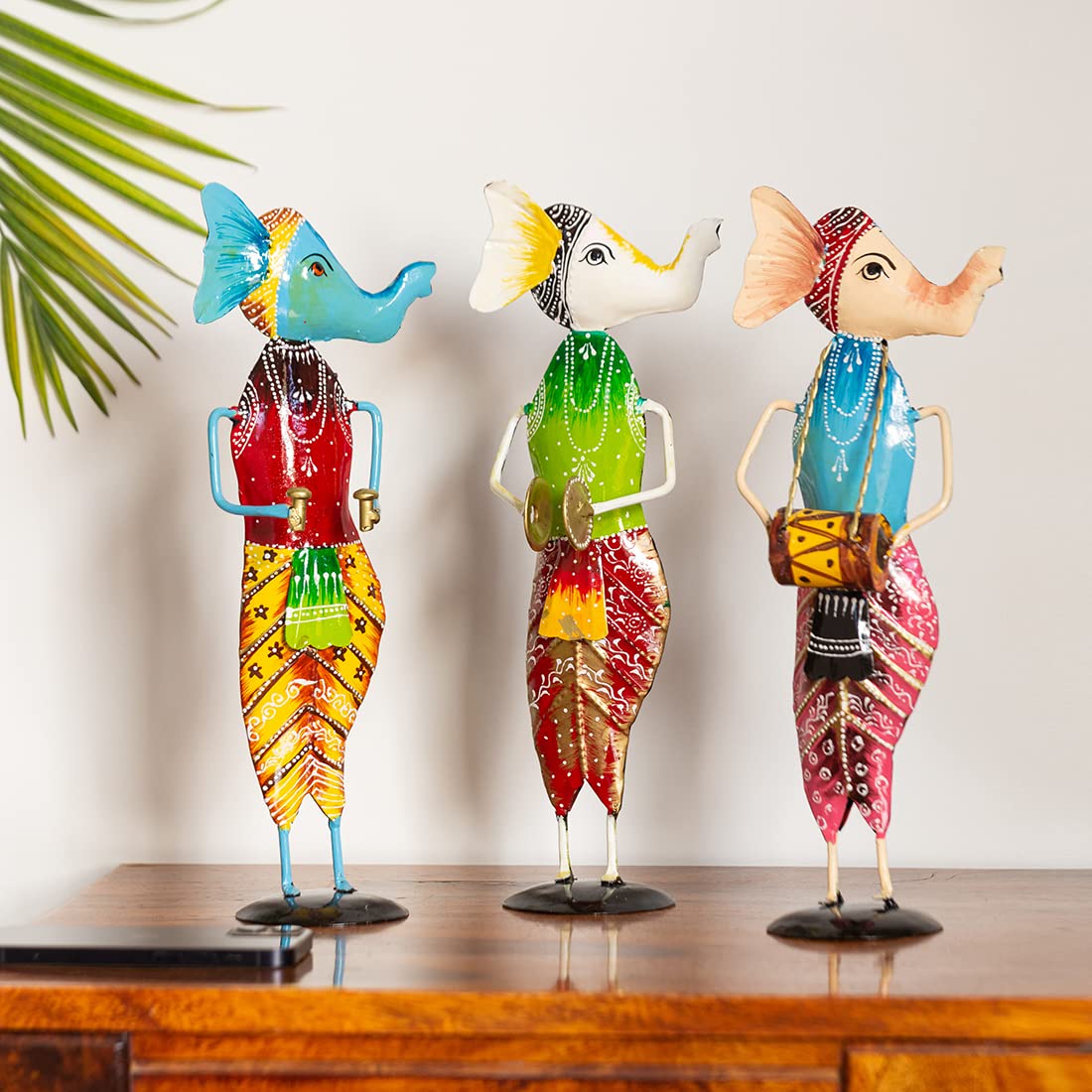 ExclusiveLane Metal Decorative Show Pieces for Home Décor | 'Melodious Ganesha Trio' Handpainted Showpiece for Living Room Showcase Artefacts Curios Idol Figurine (3 Pieces, 12 Inch, Multicoloured)