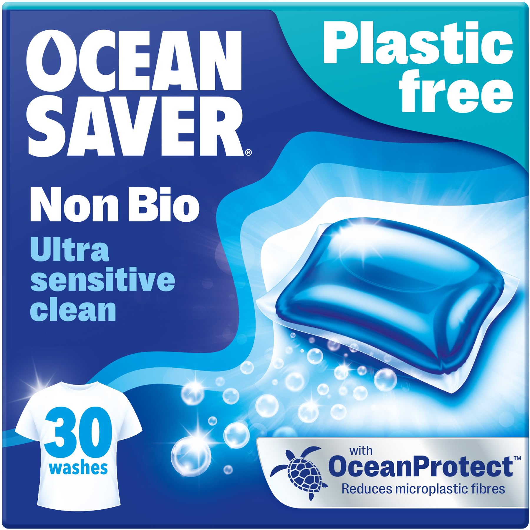 OceanSaver Eco Non-Bio Laundry Detergent Washing Capsules - 30 Washes | Ultra Sensitive Clean | Skin Friendly, Biodegradable & Scented | Removes Tough Stains | Vegan, Plastic-Free & Cruelty-Free