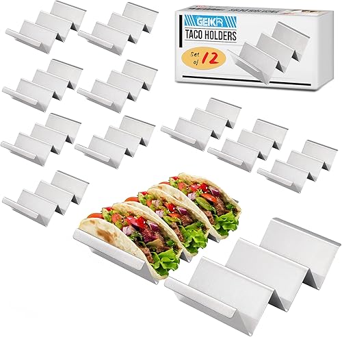 Juego de 12 soportes para tacos de acero inoxidable, cada soporte de metal para 3 tacos - Estante para tacos con asas - Elegantes soportes para