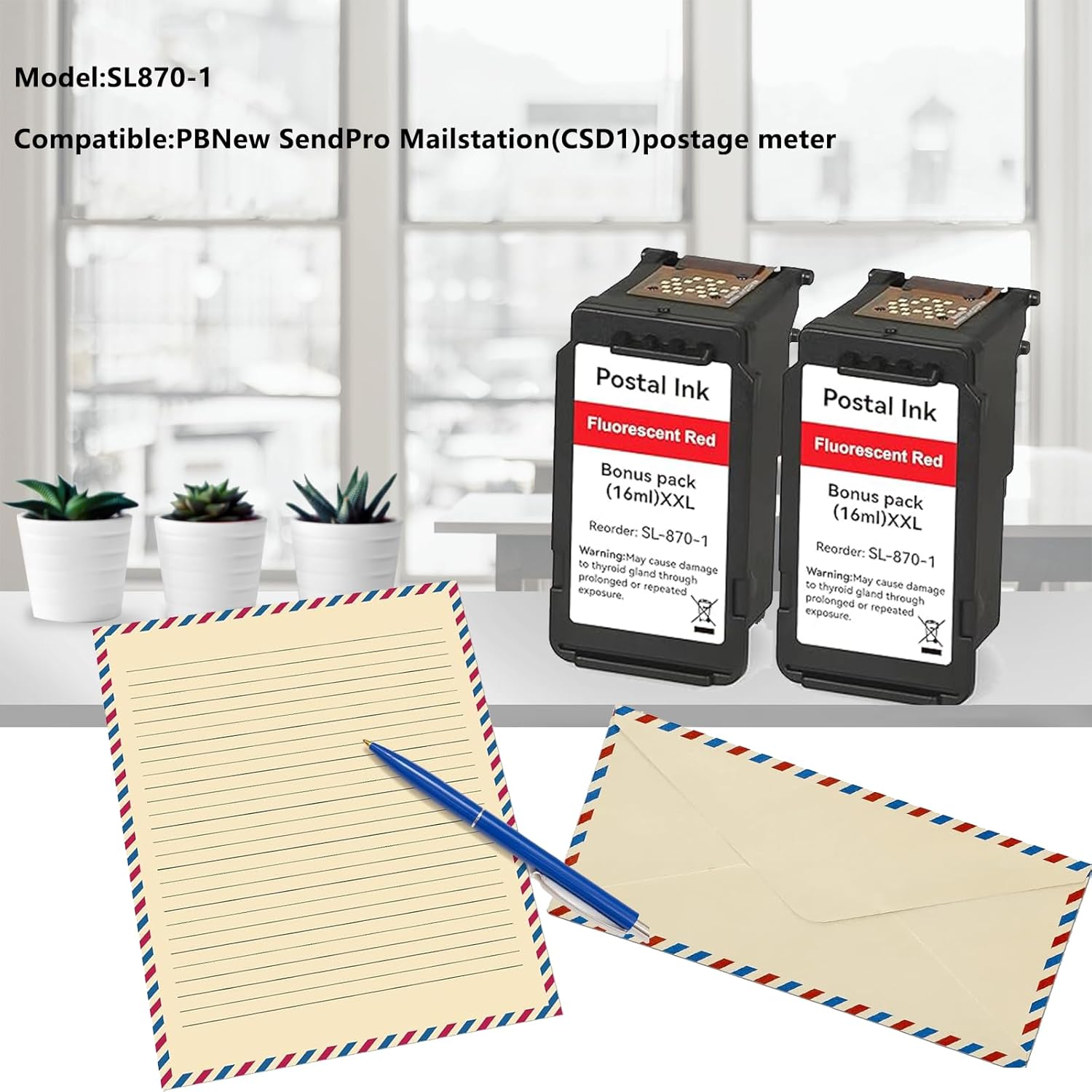 2-Pack SL-870-1 XXL High Capacity Fluorescent Red Ink Cartridge Compatible with The PB N e w SendPro Mailstation Postage Meter (CSD1) Replacement for SL870-1 SL8701 Postal Ink (16ml*2)