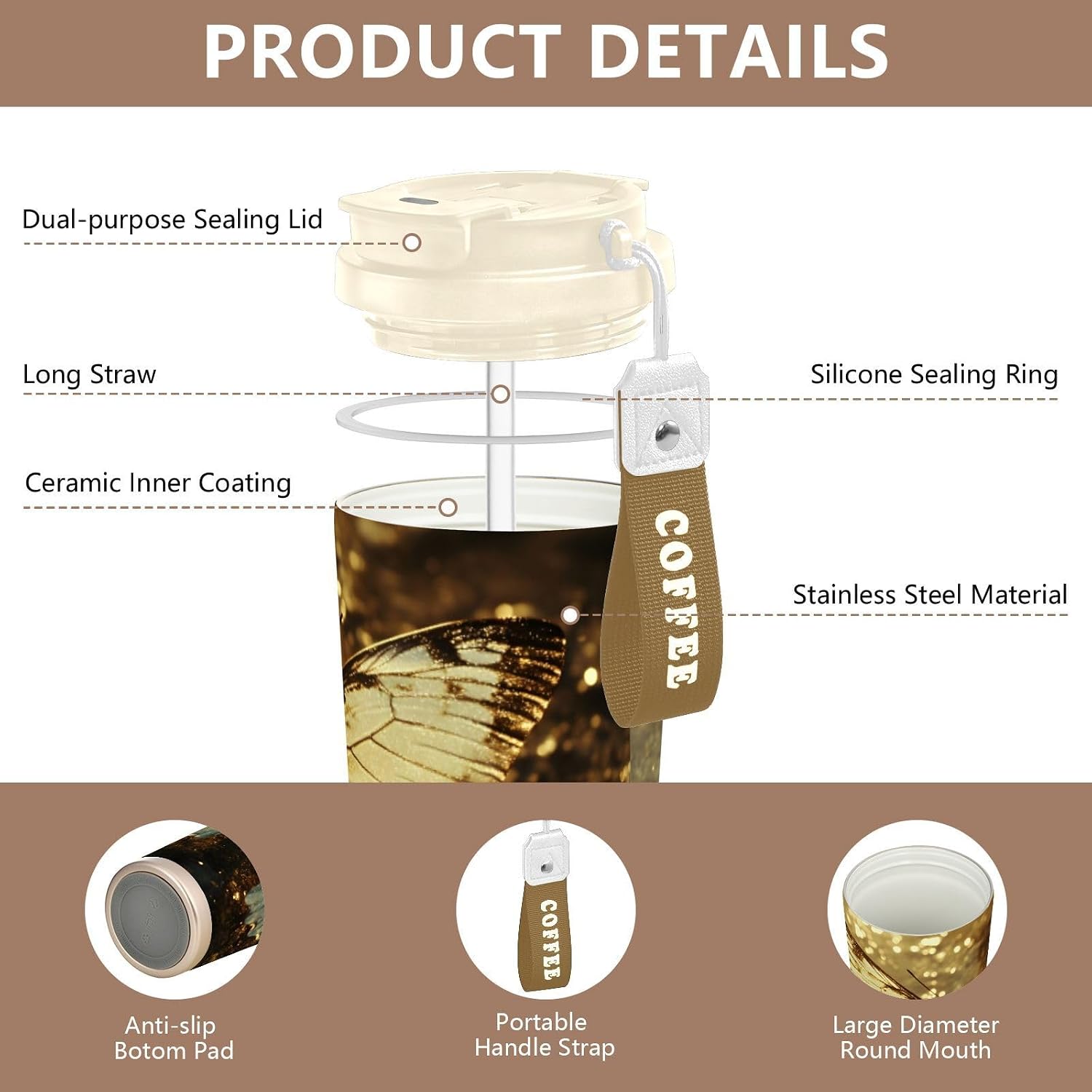 Butterfly Gold Insulated Coffee Mug with Straw & Flip Lid, 16.9oz Iced Tumbler Cup, Double Wall Vacuum Leak-Proof Mug for Travel Office