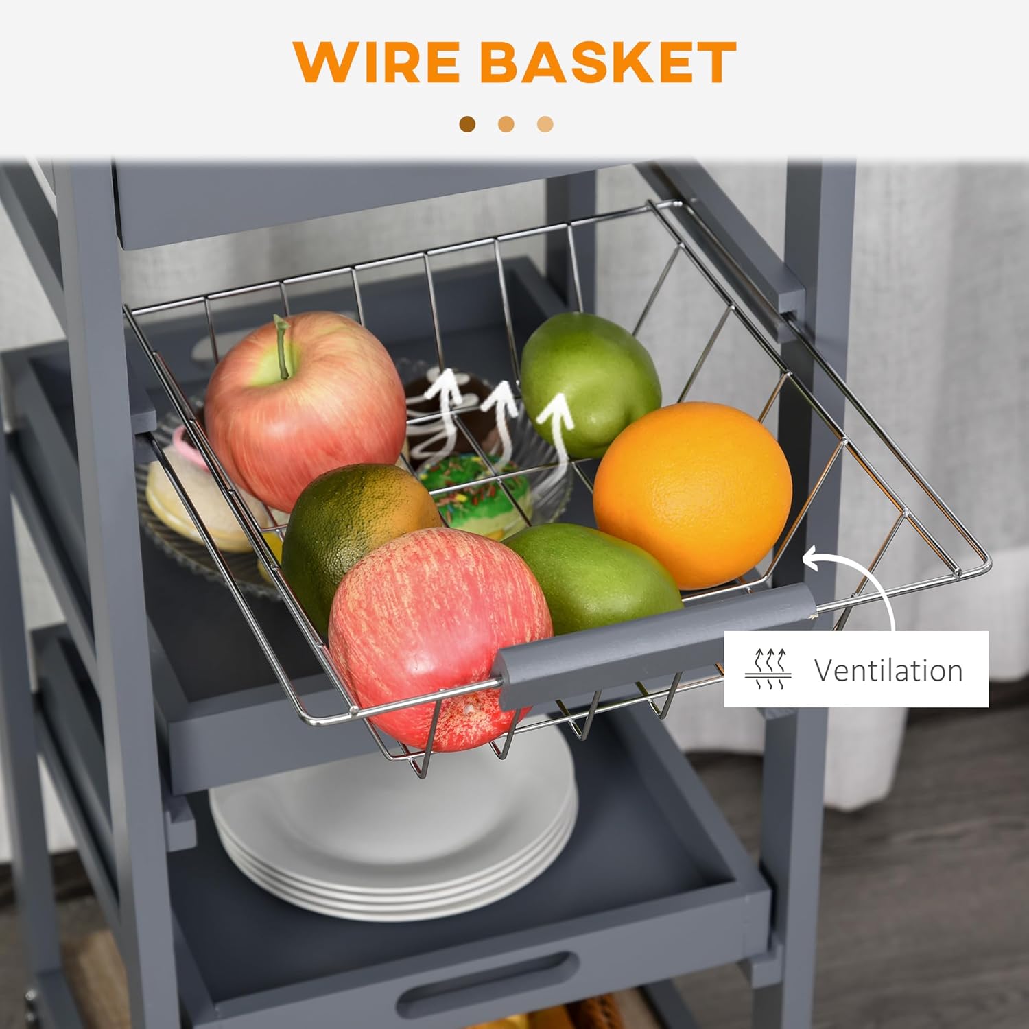 14.5" Mobile Kitchen Island Trolley with Drawer, Slide-Out Basket & Pull-Out Trays, Rolling Serving Cart with Storage, Small Space Coffee Bar Cabinet, Grey