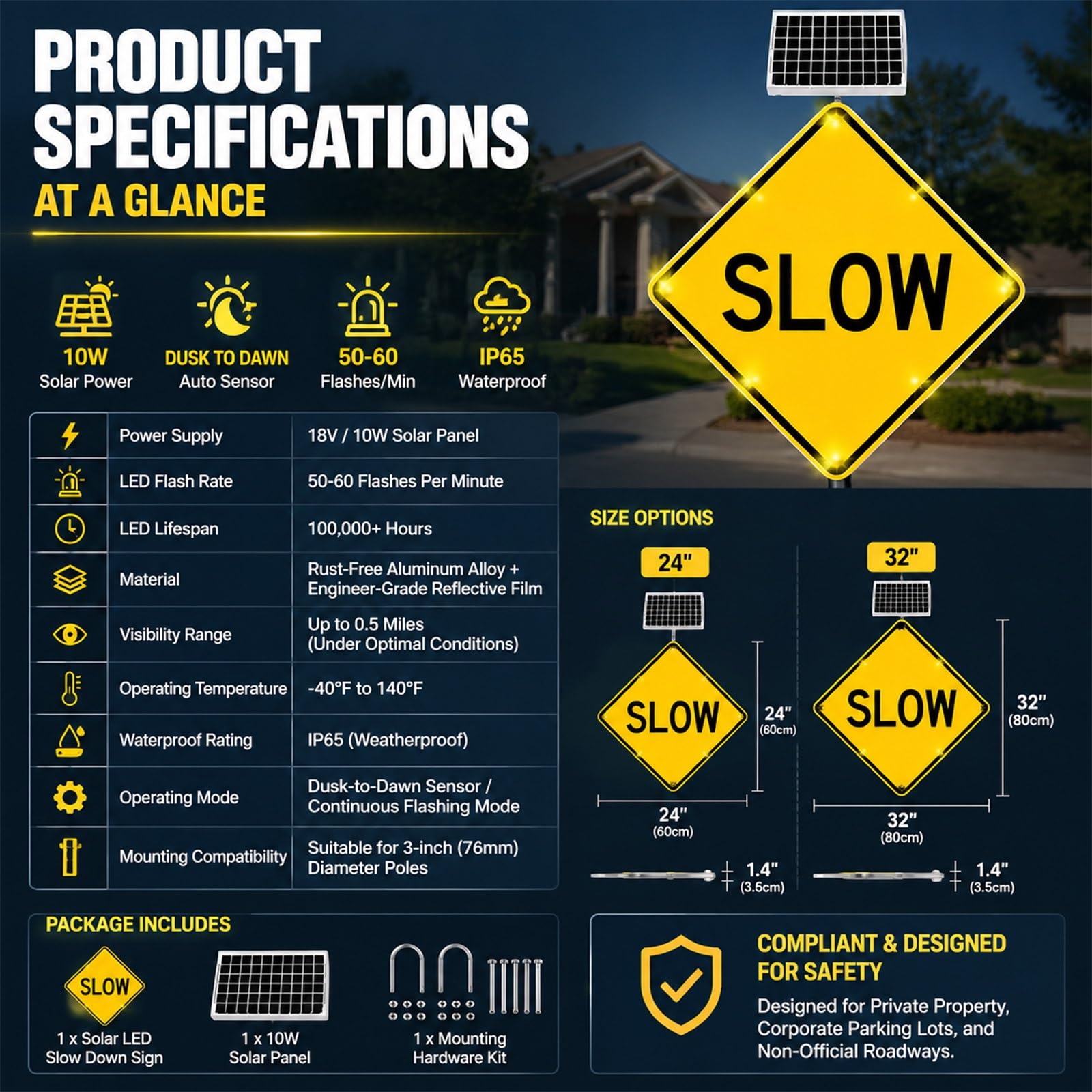 24" & 32" Cartel Letrero Ralentizar Solar LED, 18V 10W Panel Señal Vial IP65 Impermeable, Sensor Crepuscular Autorreflectante para Administrador de Fincas