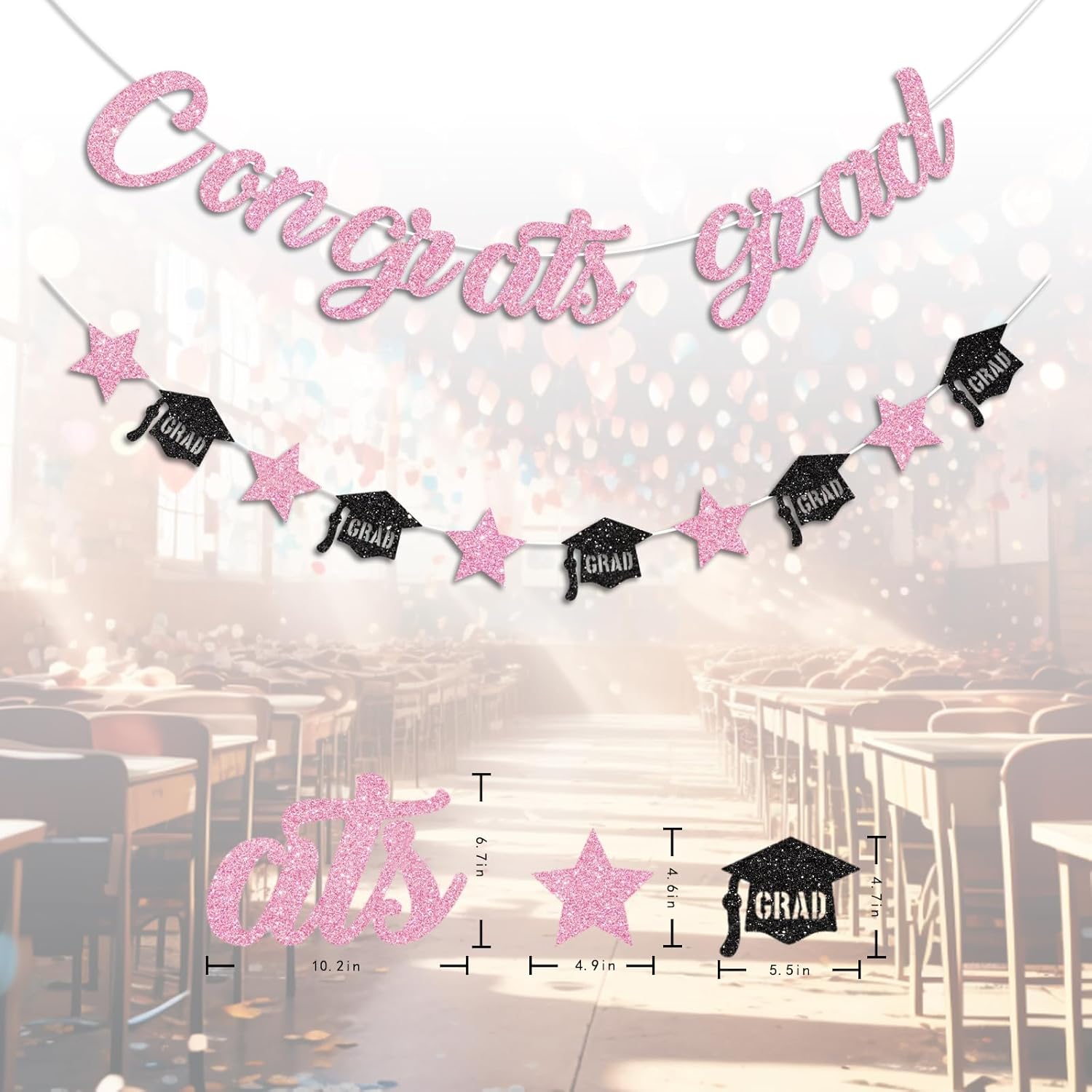 Pink Congrats Grad Banner Glitter Graduation Banner for Graduation Decorations Class of 2026 Party Supplies - Image 3