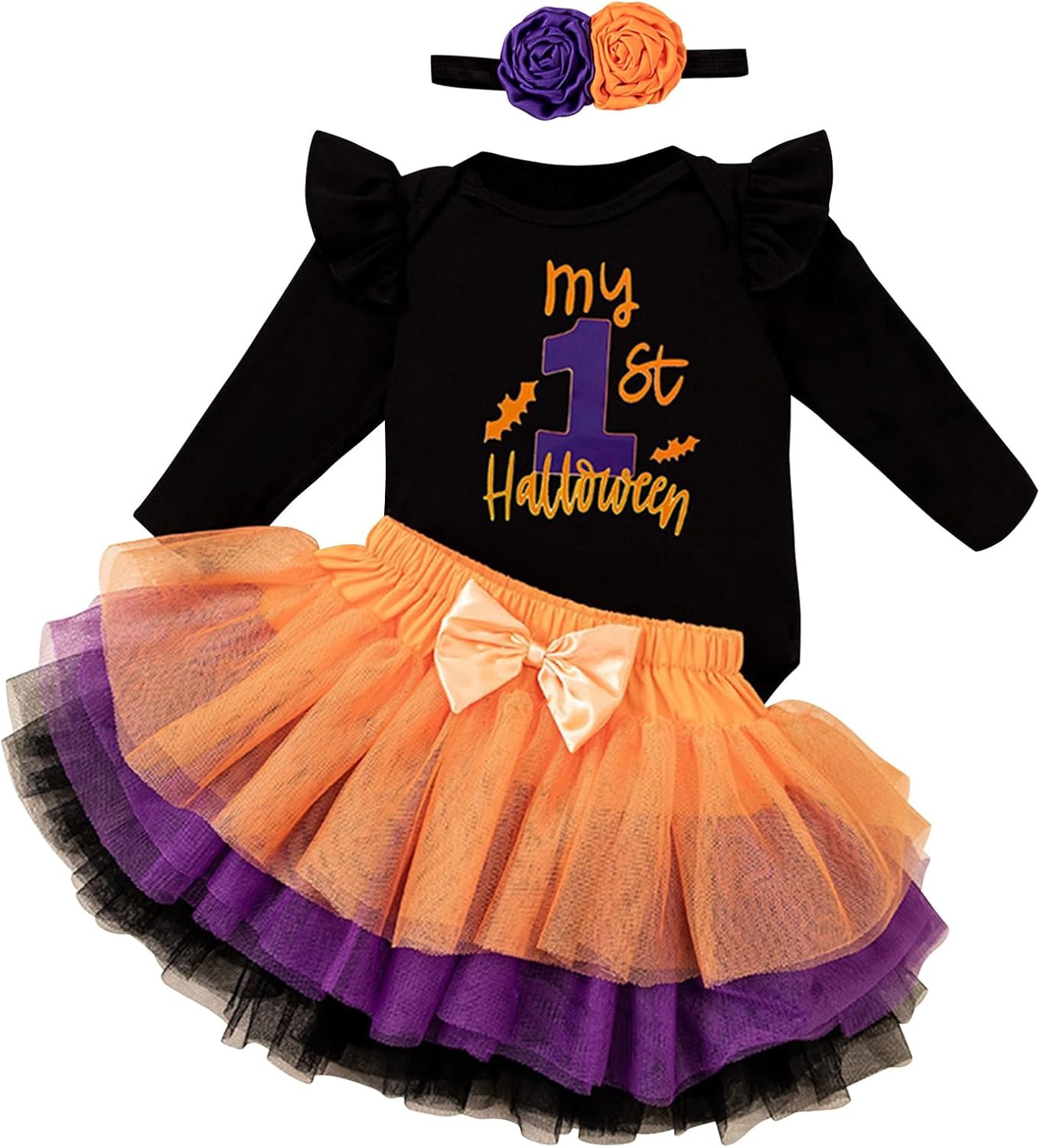 Kunyeah 3Pcs Baby Girl First Halloween Outfit Infant Romper Dress Bow Tutu Skirt with Headband Newborn Thanksgiving Bodysuit