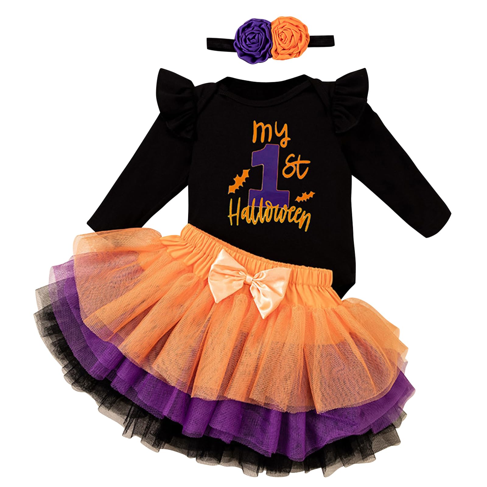 Kunyeah 3Pcs Primer Disfraz de Halloween para bebé niña Vestido de bebé Romper Falda Tutú con Lazo y Cinta para la Cabeza Body Acción Gracias para Recién Nacido