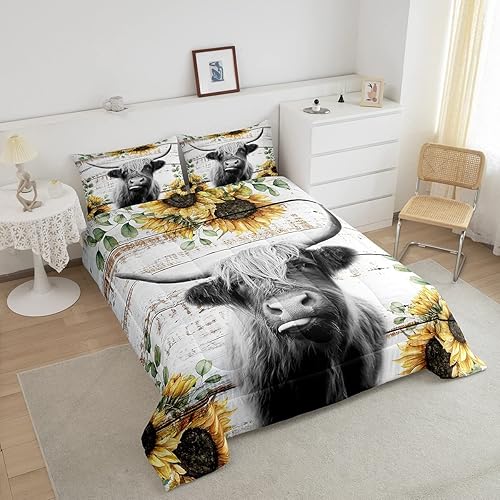 Miniatura 3 de Juego de ropa de cama de vaca de ganado de las tierras altas, tamaño King para niños y niñas, juego de edredón de girasol, para mujeres,