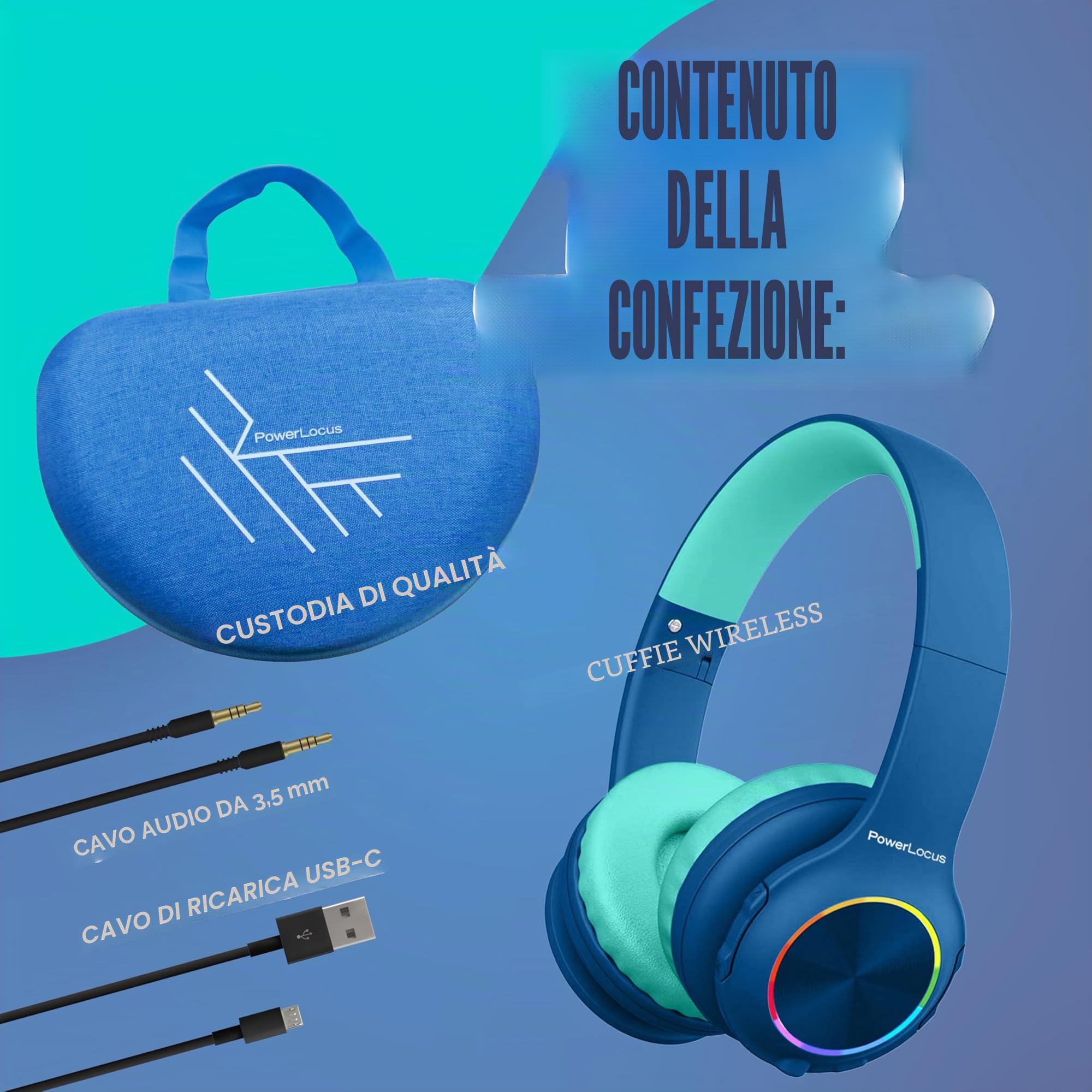 PowerLocus Cuffie Bluetooth pieghevoli senza fili per bambini con luci LED, HD Stereo, USB-C Ricarica Rapida, Micro integrato, SD Modalità e cablata per iPhone/Tablet/TV