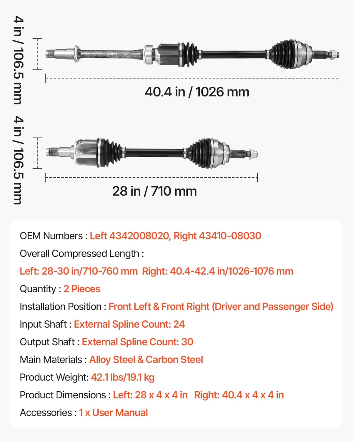 VEVOR CV Axle Shaft Assembly, 2 Pieces Front Left & Right (Driver and Passenger Side), Automotive Replacement CV Joint Axles Pair Compatible with 2004-2010 Toyota Sienna, Alloy Steel & Carbon Steel