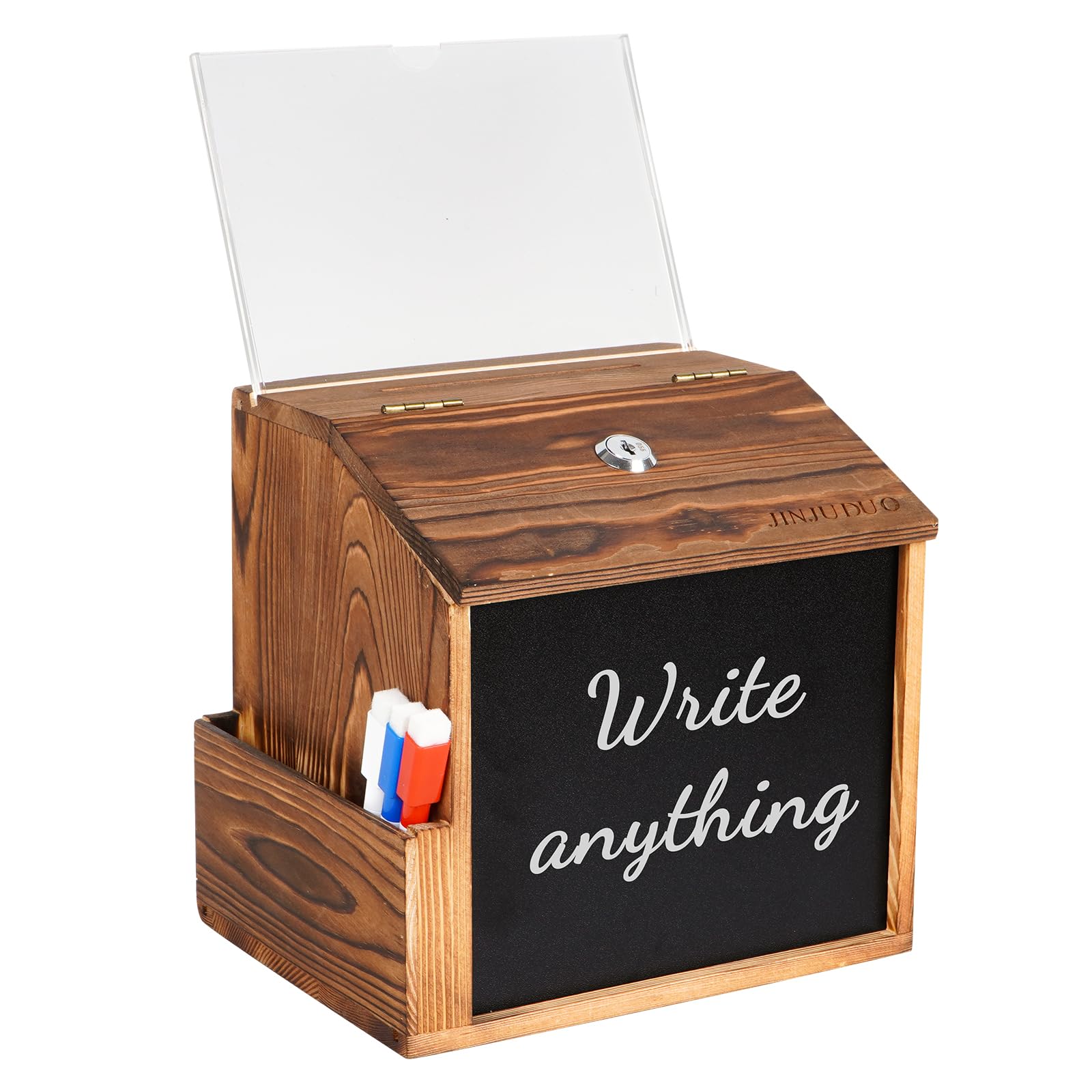 GDGZJJD Wood Suggestion Box with Lock & Keys, Locking Donation Box with Removable Chalkboard & Acrylic Sign Holder - Wall Mounted Prayer/Comment Boxes