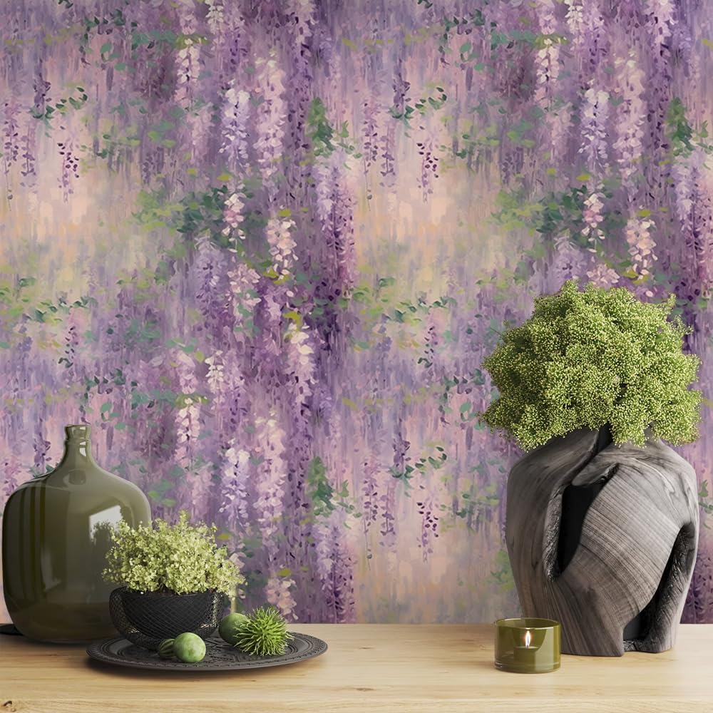 18"x236" Watercolor Purple Sophora Flower Green Leaf Peel and Stick Wallpaper Easy Peel Off Contact Paper Vintage Vinyl Self Adhesive Removable Stick on Wall Paper for Kitchen Cabinet Renter Friendly