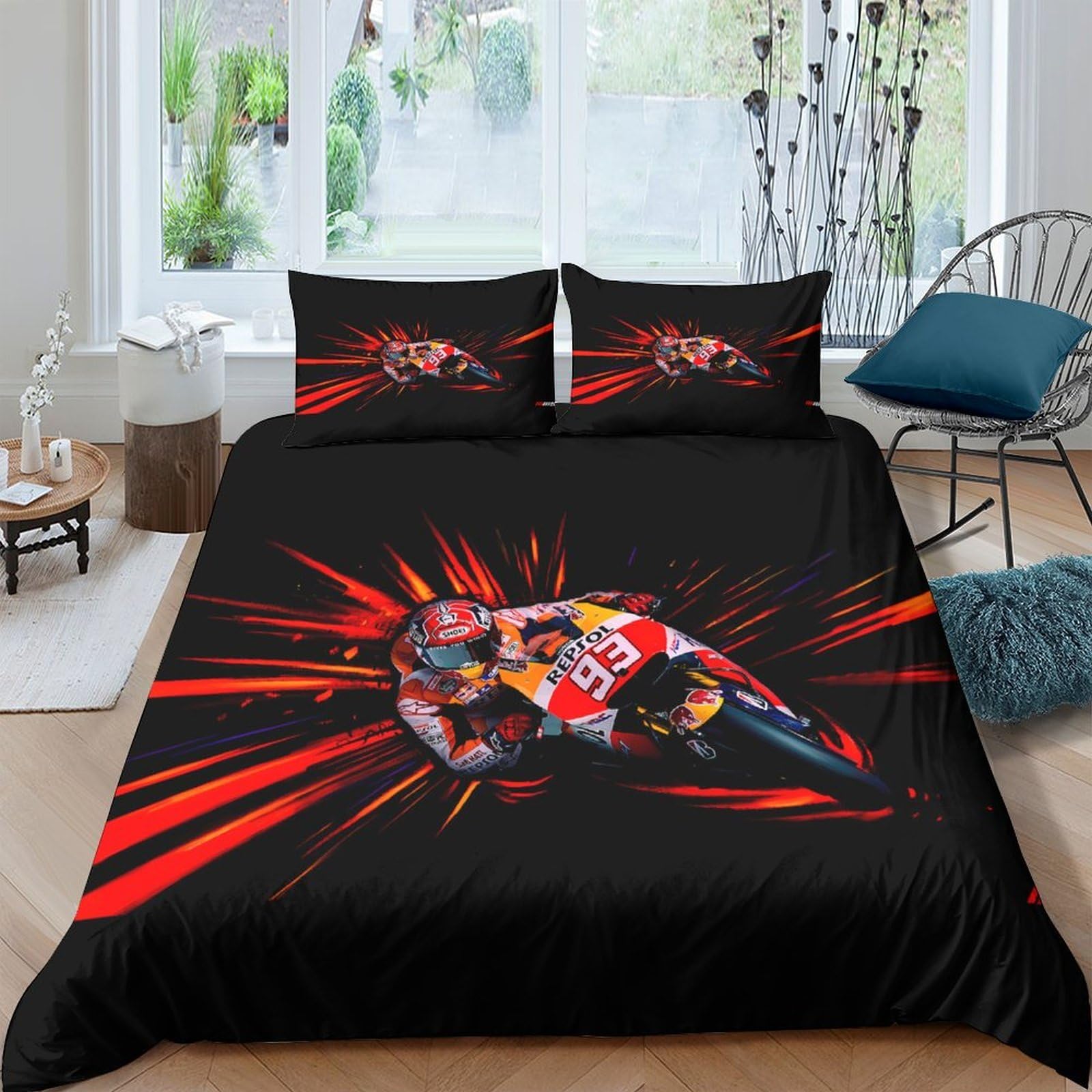 GPLZQXKJNH 3D Printed Motorcycle Racing Duvet Cover Microfiber Black Red Quilt Cover with 2 Pillowcases for Bedroom Decor Single（135x200cm）