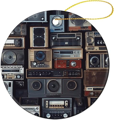 2024 Christmas Ornaments Set 2 Pack,Vintage Wall of Radio Boombox Print Christmas Tree Hanging Ornaments,Round Ceramic Ornaments for Christmas Tree