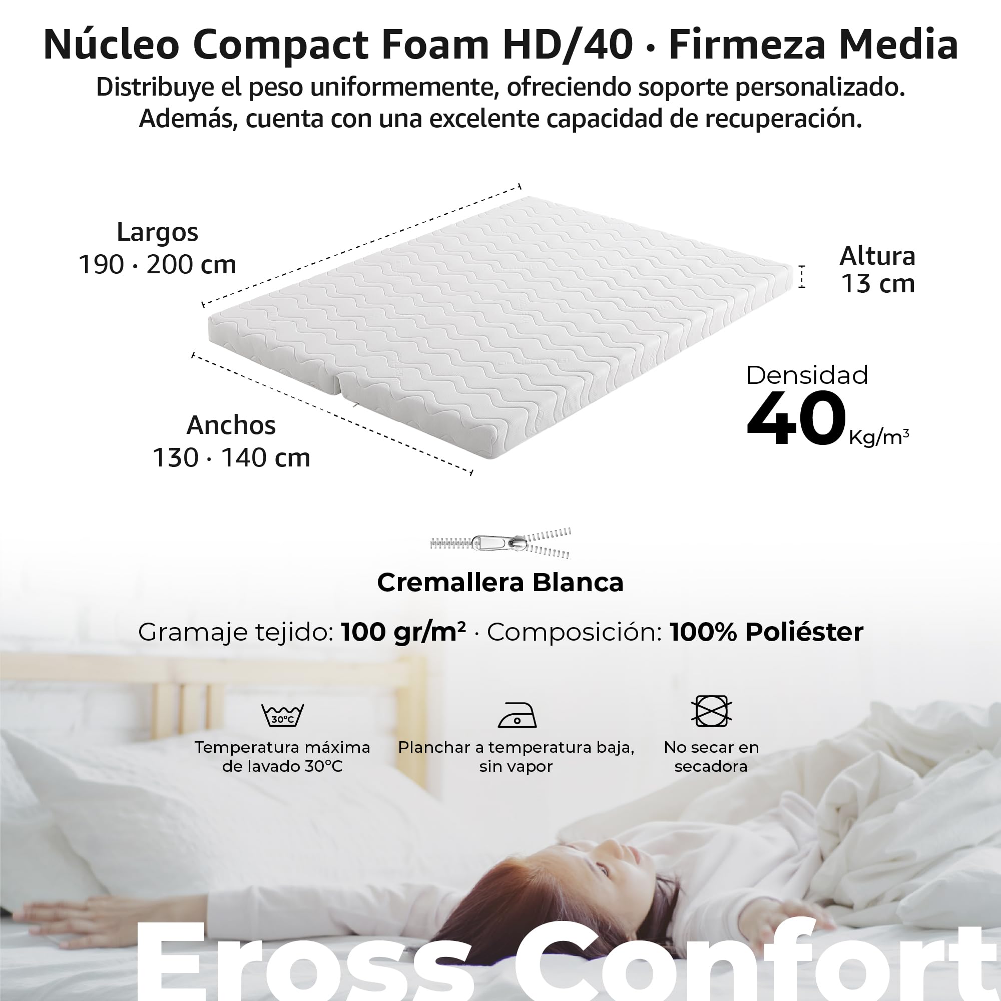 Colchón Clic Clac para Cama 130x190cm. Tratamiento Antibacteriano. Funda con Cremallera Lavable y Transpirable
