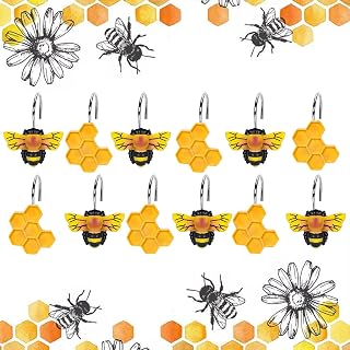 JarThenaAMCS 12Pcs Bee Honeycomb Shower Curtain Hooks Spring Summer Cute Decorative Curtain Hanger Hooks Rings for Living Room Bedroom Bathroom Decor, 2 Designs