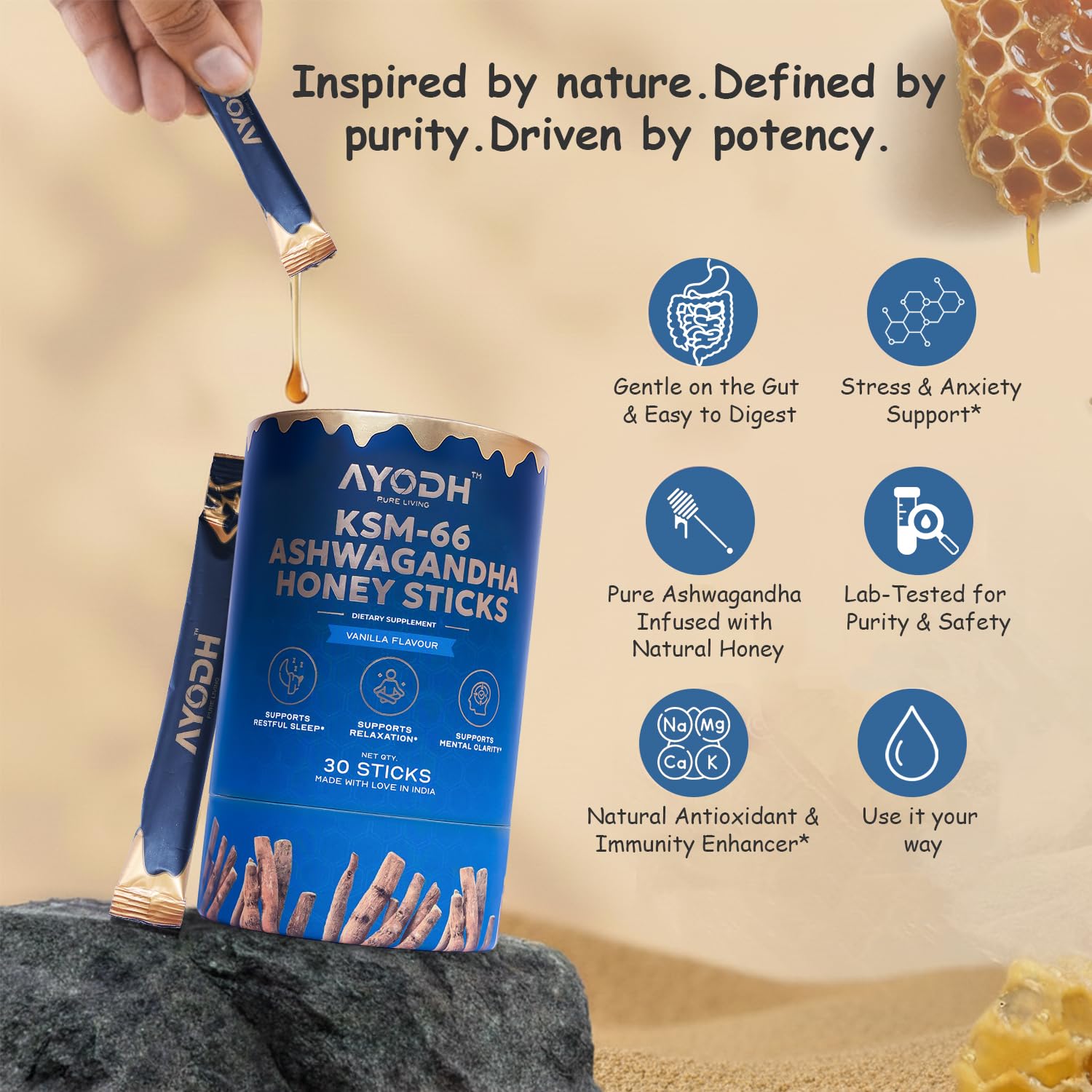 AYODH Ashwagandha & Himalayan Shilajit Honey Sticks Bundle | 60 Sticks | Daily Wellness & Vitality Support