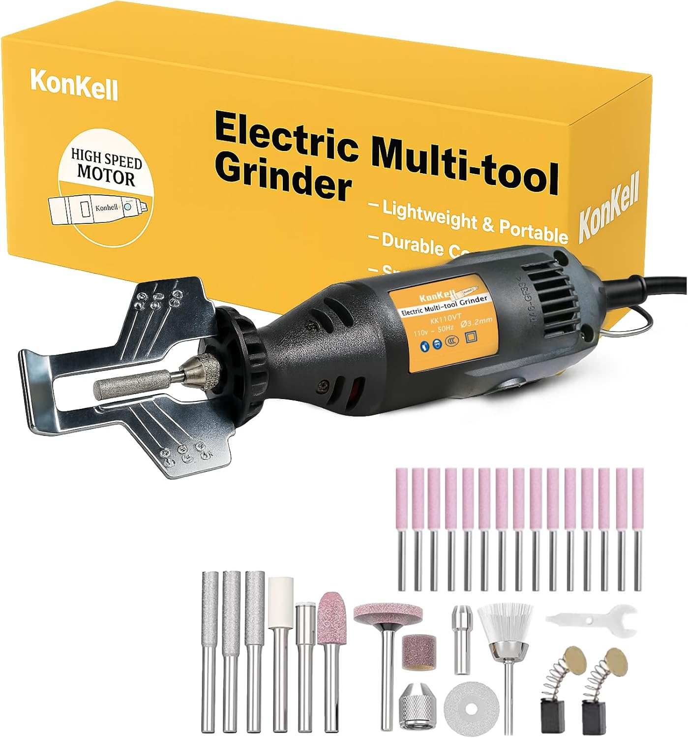 Handheld Multifunction Electric Chainsaw Sharpener Kit, 110V Portable Multi-Tool with 3 Diamond & 15 Ceramic Sharpening Wheels, Adjustable Speed, Angle Guide, Wrench, Protective Gloves