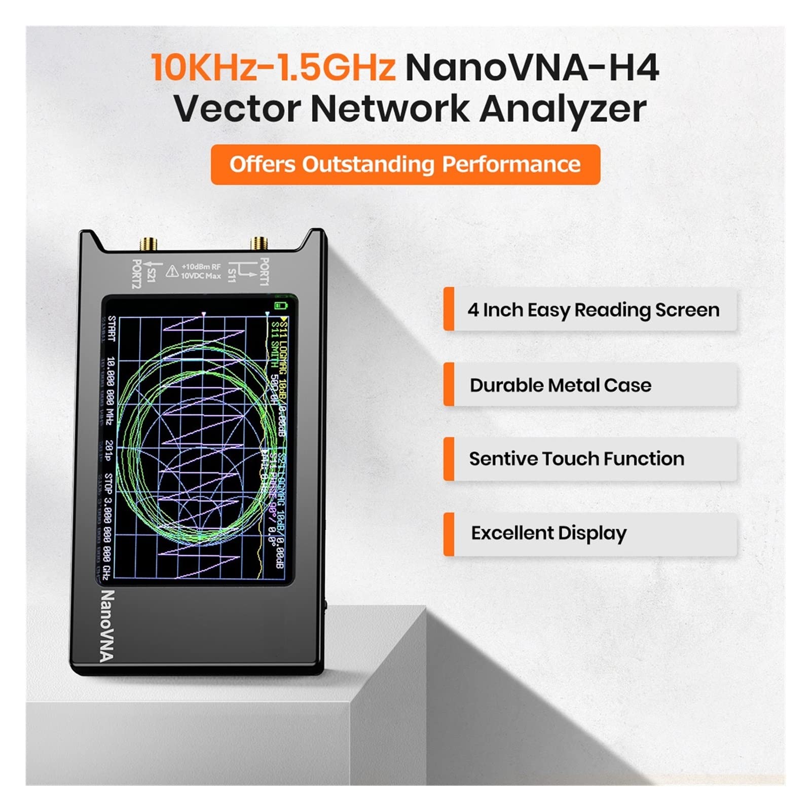 Analizador de espectro Actualizado10k-1.5GHz VNA-H4 Analizador de red vectorial de 4 pulgadas Analizador de antena HF VHF UHF V4.3 con ranura for tarjeta SD Imágenes claras y funcionamiento sensible