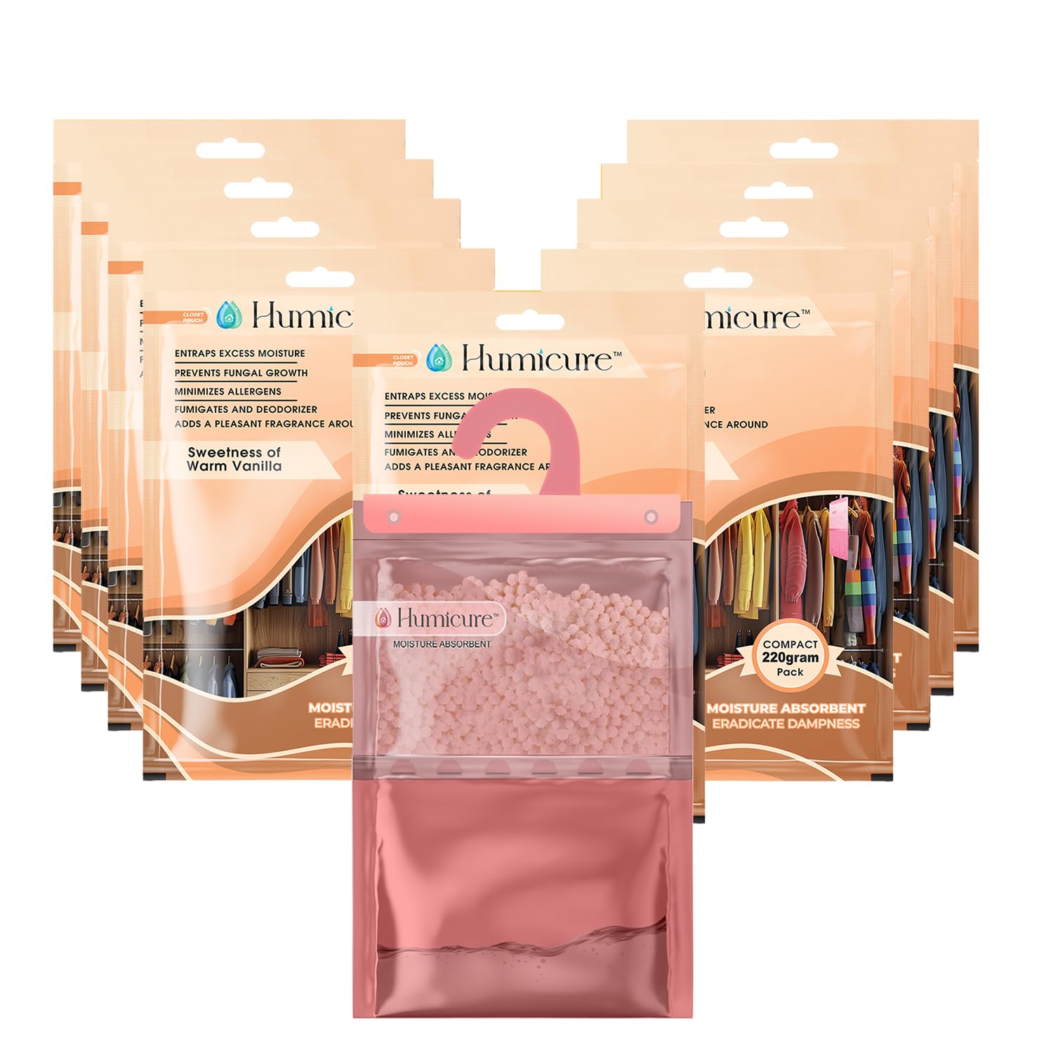 Humicure Moisture Absorber Dehumidifier | 500ml Absorption Capacity | Prevents Mold, Dampness & Odor in Wardrobe, Bathroom, Kitchen & Bedroom | 220g x 09 (Warm Vanilla)