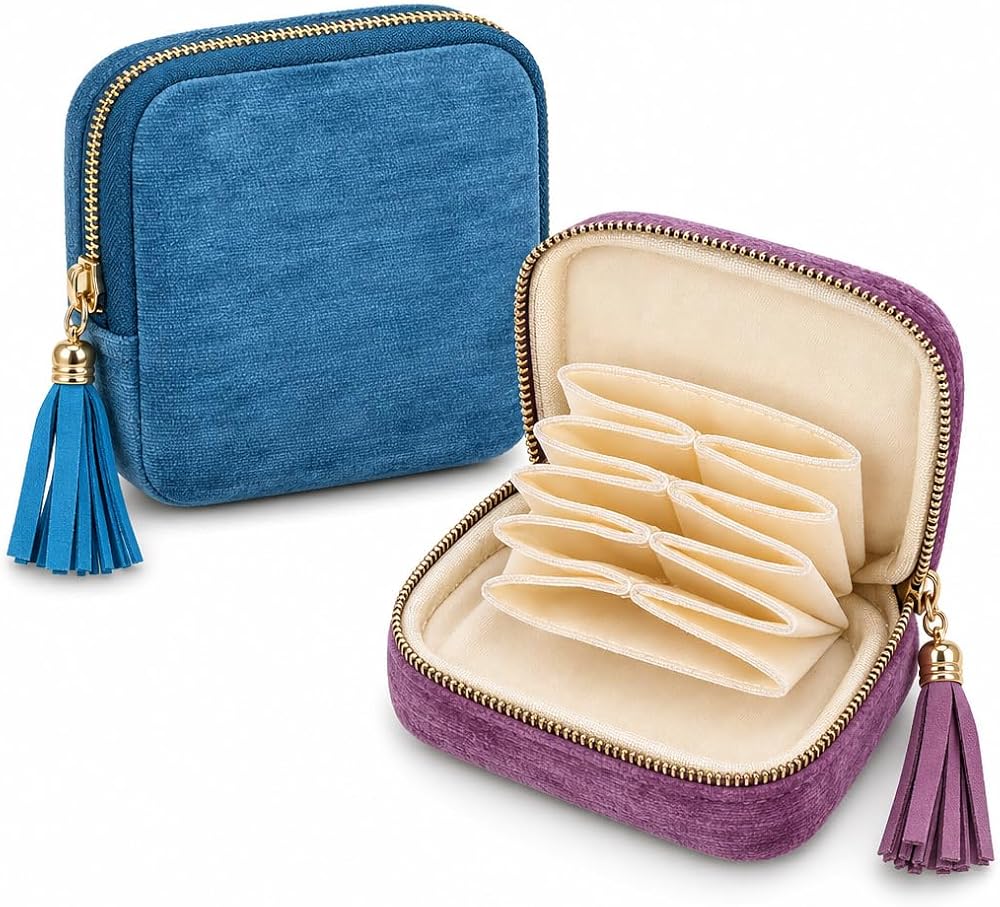 2-Pack Jewelry Travel Case, 6-Compartment Velvet Pouch, Blue/Taro Purple — 사진 1