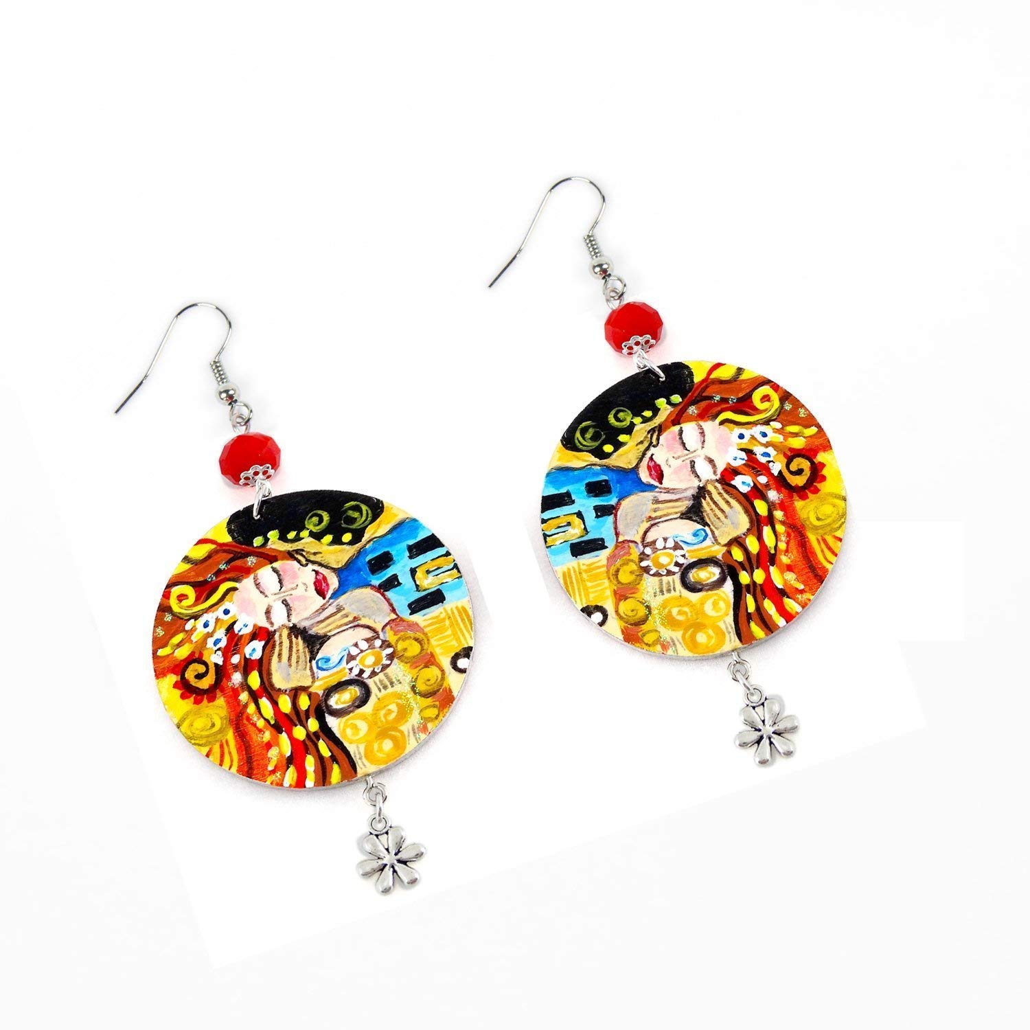 Pendientes pintados a mano – HOMENAJE AL BESO APASIONADO DE SOPHIE VOGEL (Klimt) - Pendientes de mujer, Joyas pintadas, Gancho de plata, Made in Italy, Bisutería, Elaboración artesanal